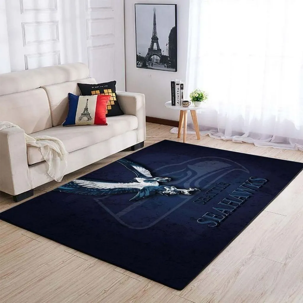Seattle Seahawks Rug - Area for Living Room Decor Content Blue and White
