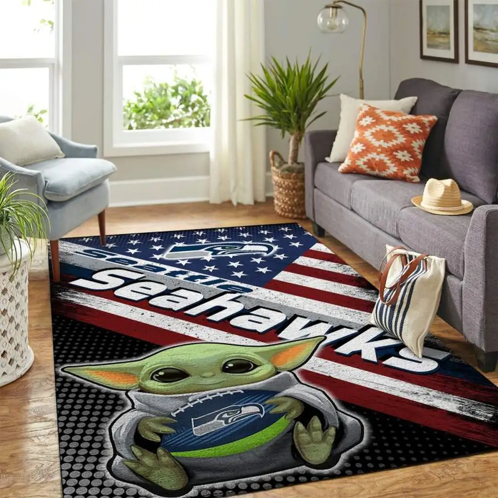 Seattle Seahawks Rug - Baby Yoda Football Fan Blue and Green