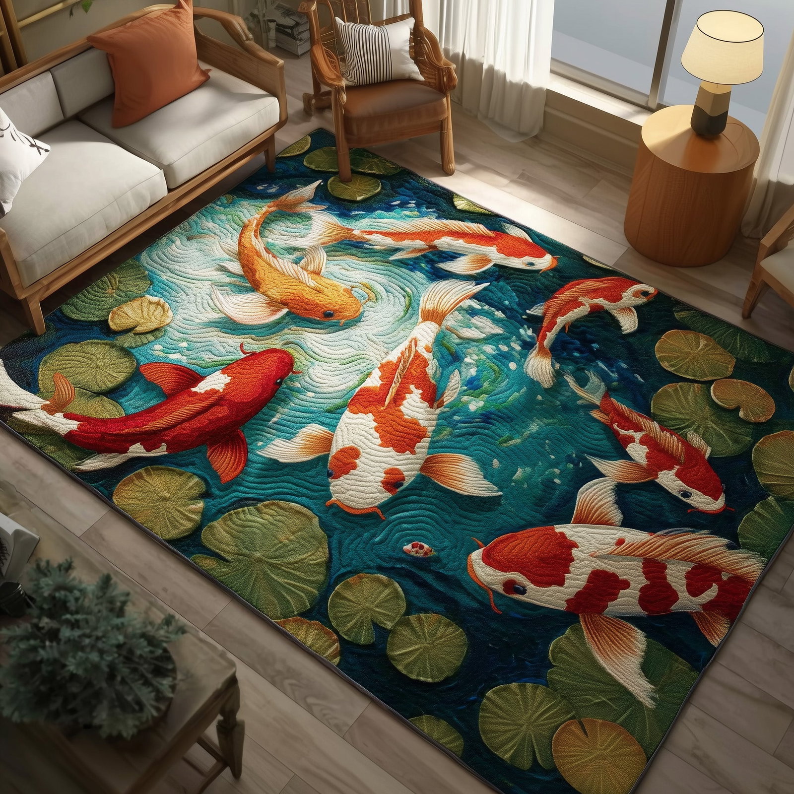 Serene Koi Area Rug - Non-Slip Washable 3D Print Rug for Living Room & BedroomTVC2108144