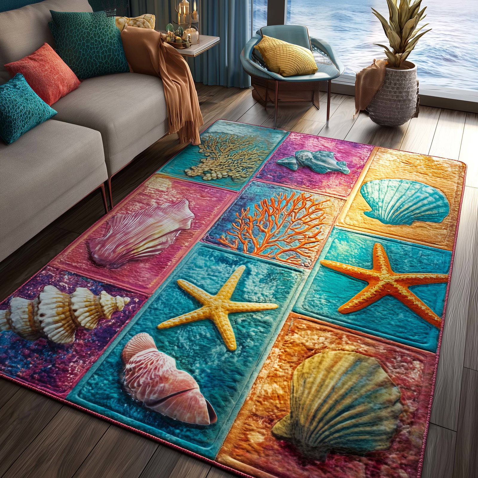Shoreline Gems Area Rug - Non-Slip Washable 3D Print Rug for Living Room & BedroomTVC2108155