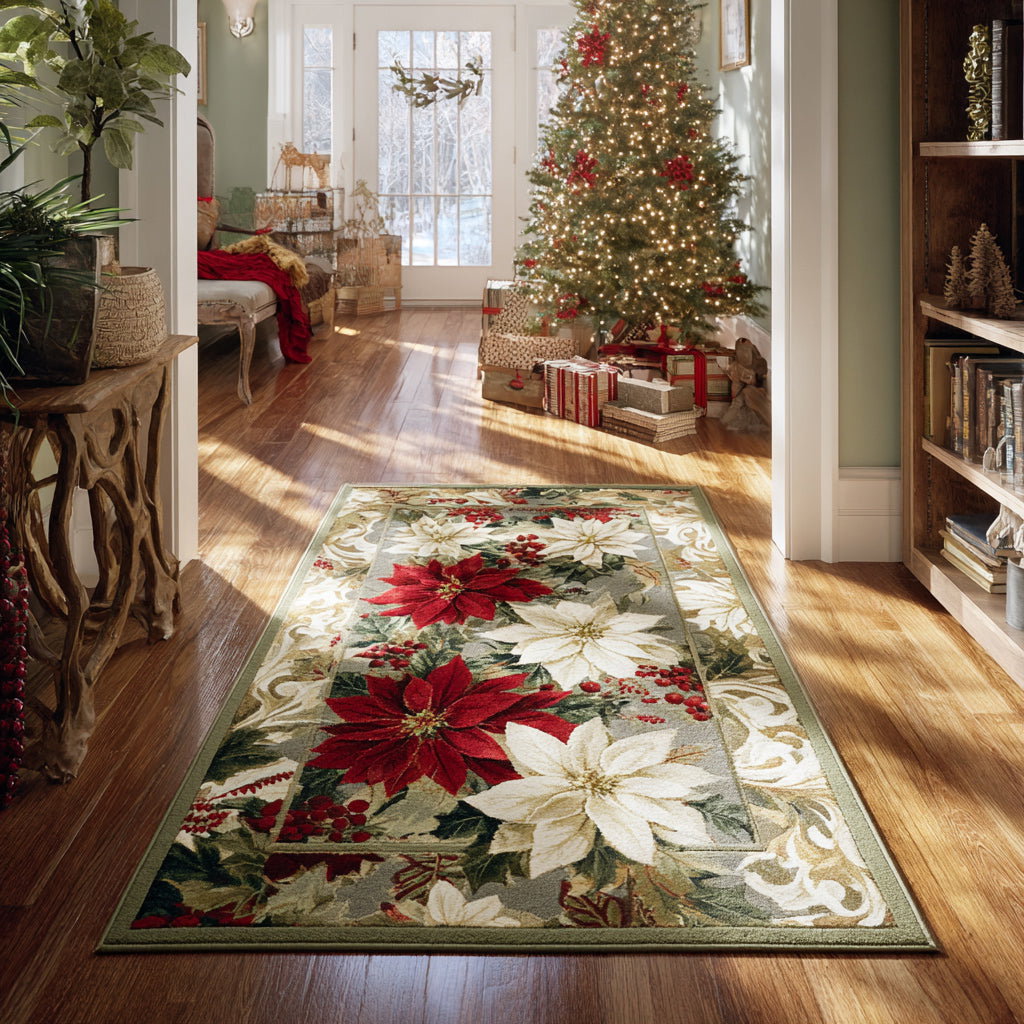 Silver Poinsettia Path Area Rug - Non-Slip Washable 3D Print Rug for Living Room & BedroomTVC2108118