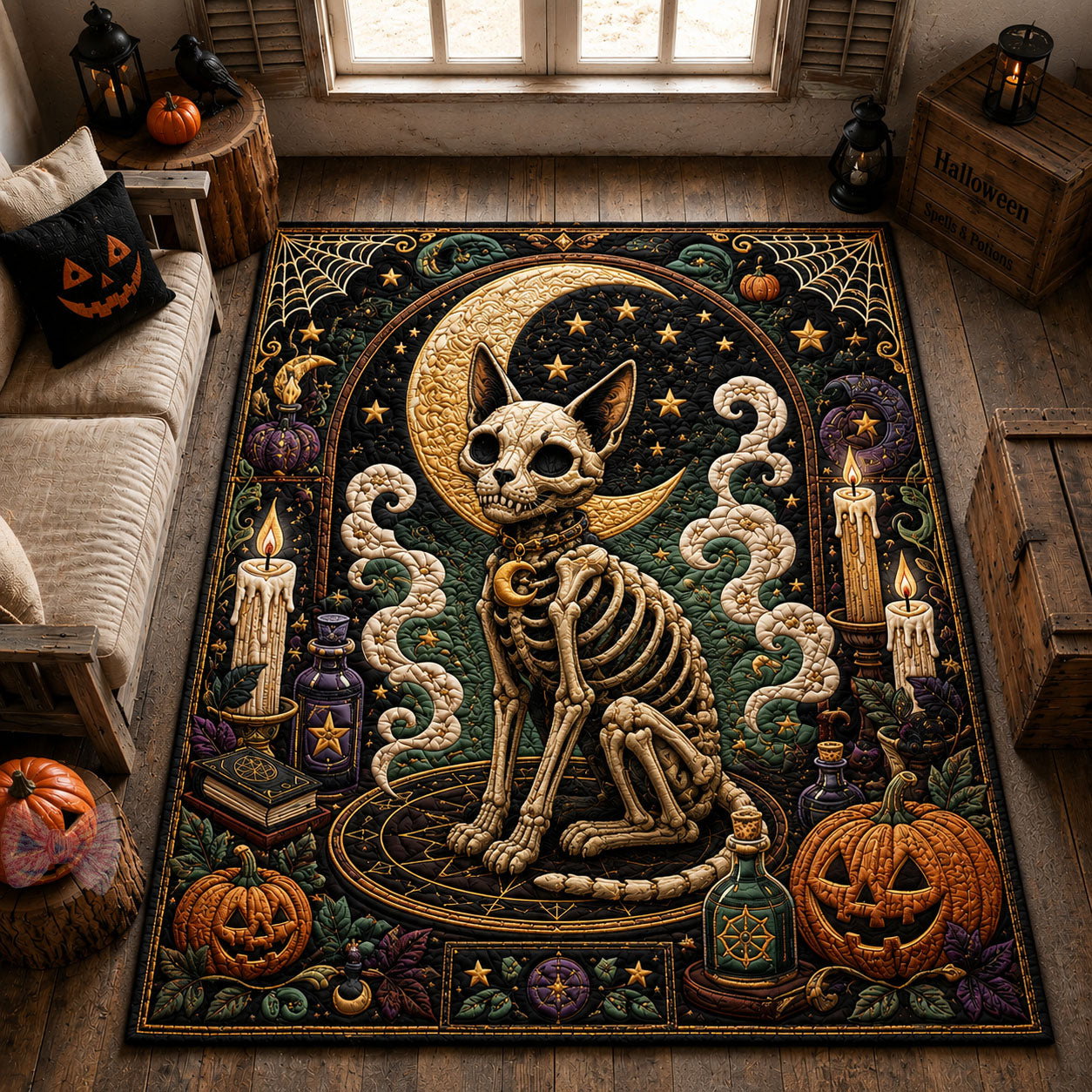 Skeleton Cat Crescent Moon Area Rug - Non-Slip Washable 3D Print Rug for Living Room & BedroomTVC210866