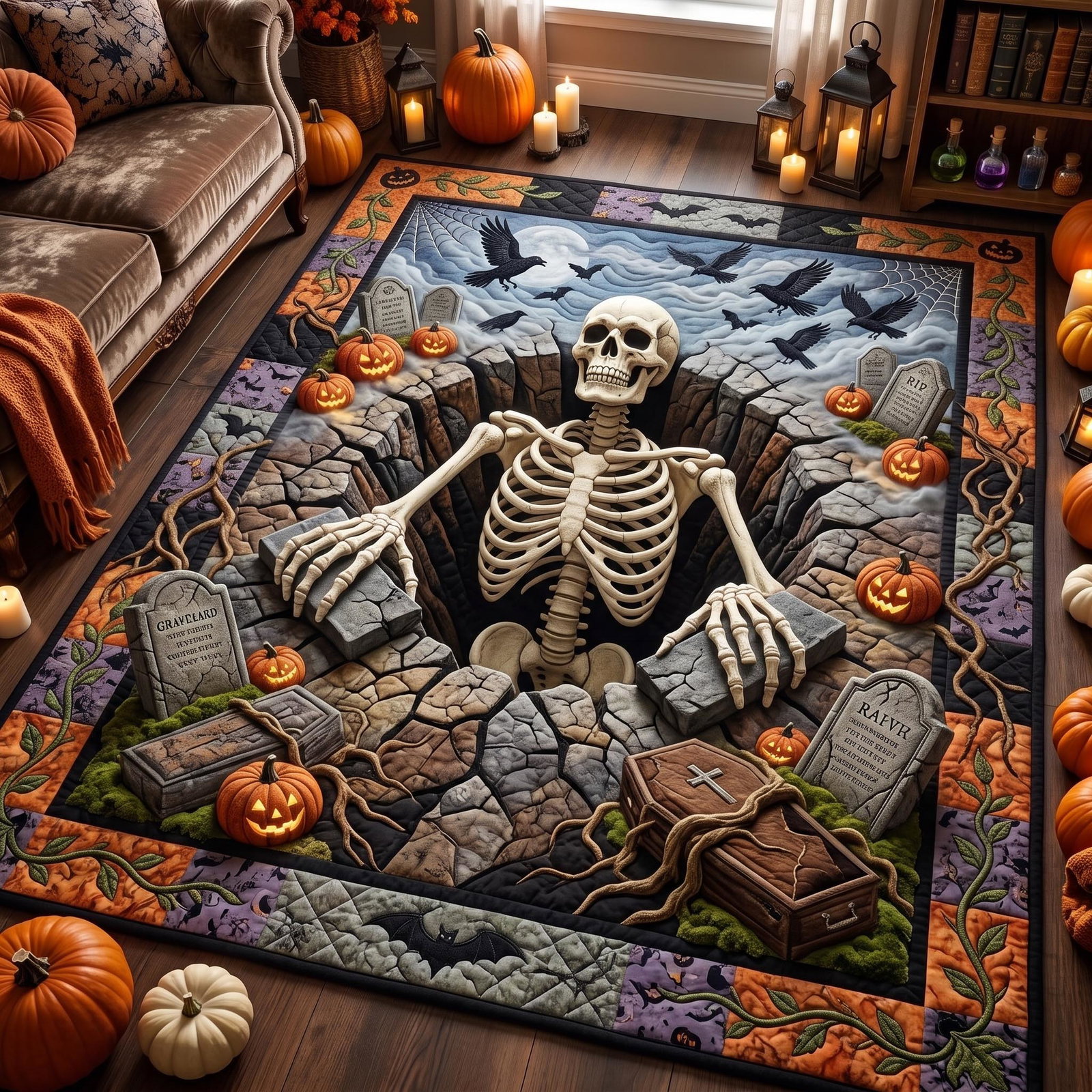 Skeleton Charm Halloween Area Rug - Non-Slip Washable 3D Print Rug for Living Room & BedroomTVC2108394