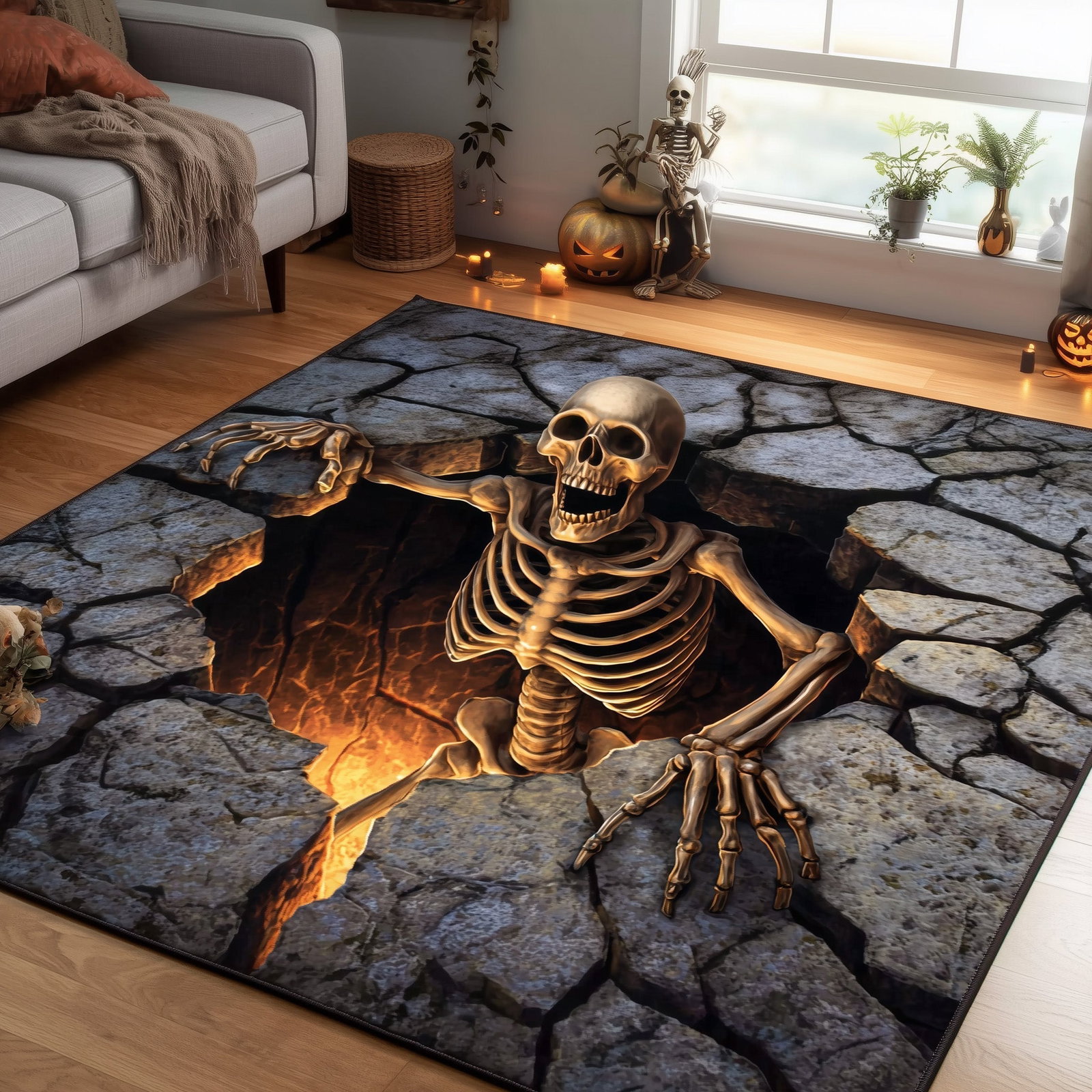 Skeleton Halloween Area Rug - Non-Slip Washable 3D Print Rug for Living Room & Bedroom (DesignTVC2108168