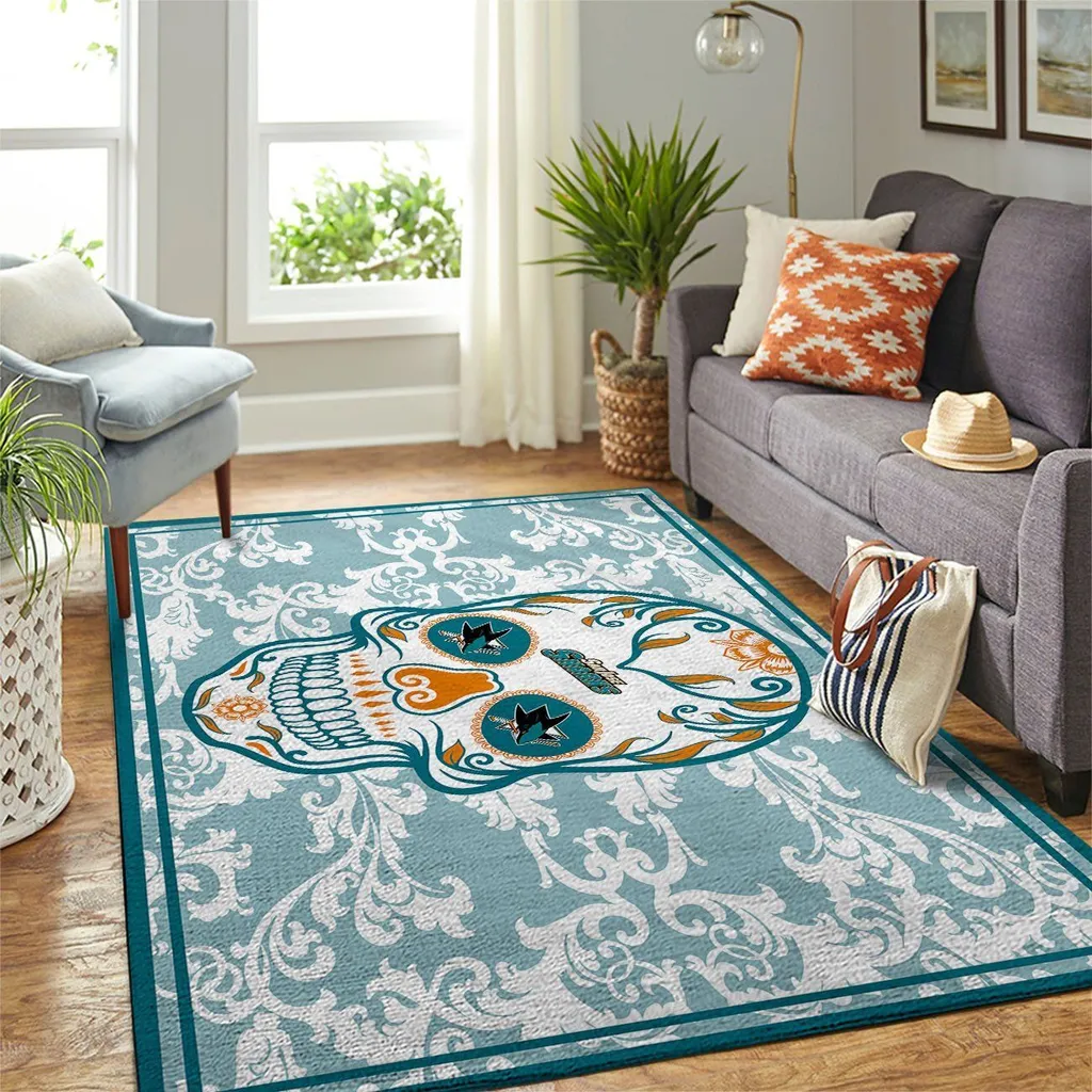 Skeleton Pattern Floor Mat Repeated Design Non Slip Rug Blue and White