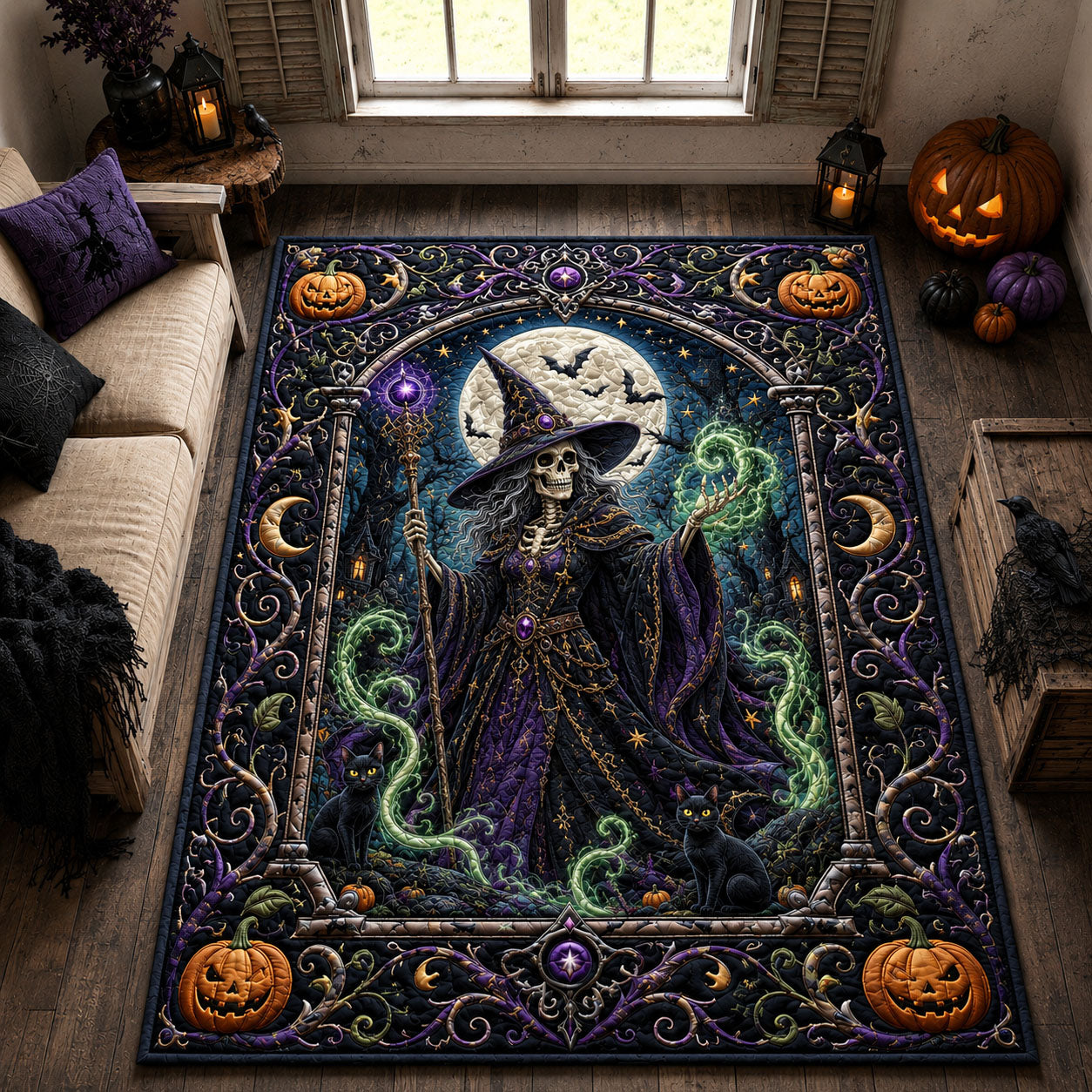 Skeleton Witch Green Smoke Area Rug - Non-Slip Washable 3D Print Rug for Living Room & BedroomTVC210866