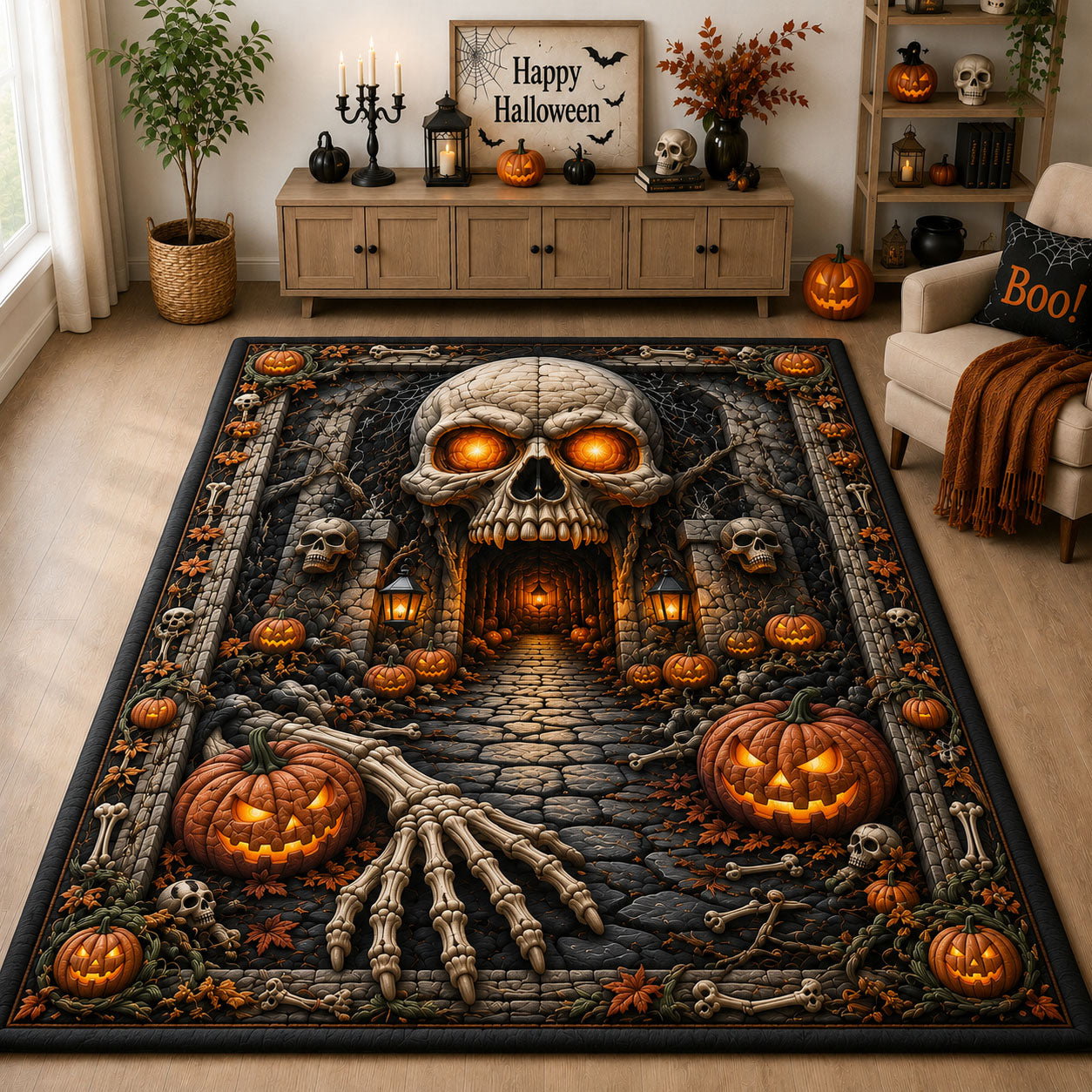 Skull Cave Pumpkin Halloween Area Rug - Non-Slip Washable 3D Print Rug for Living Room & BedroomTVC2108394