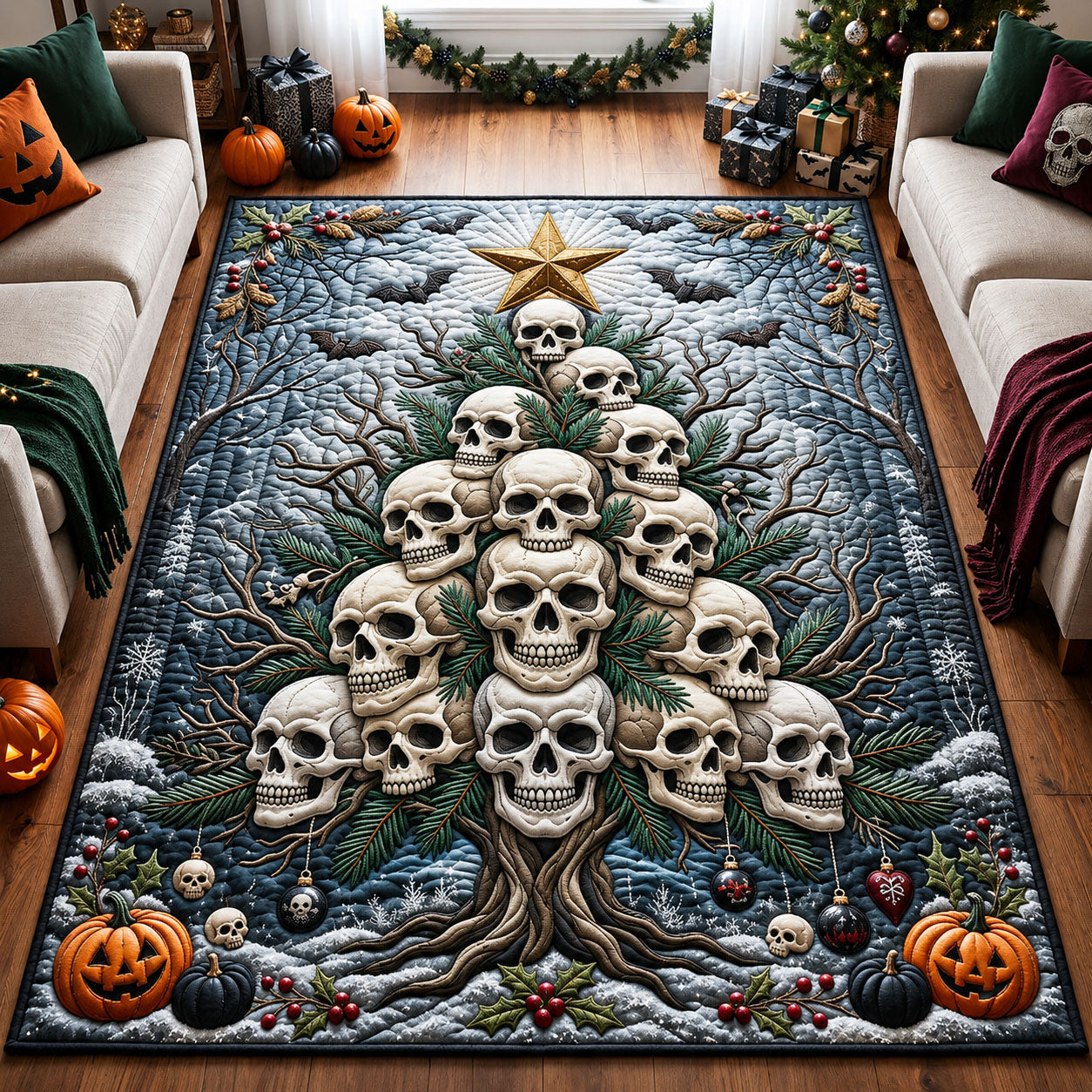 Skull Christmas Tree Area Rug - Non-Slip Washable 3D Print Rug for Living Room & BedroomTVC210857