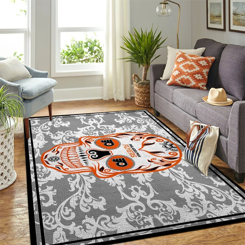 Skull Rug Modern Living Room Decor Accent Carpet Orange and Gray