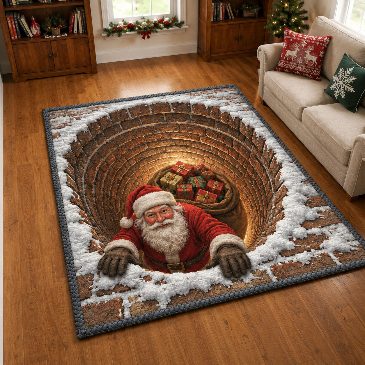 Snowy Brick Chimney Santa Area Rug - Non-Slip Washable 3D Print Rug for Living Room & BedroomTVC210867