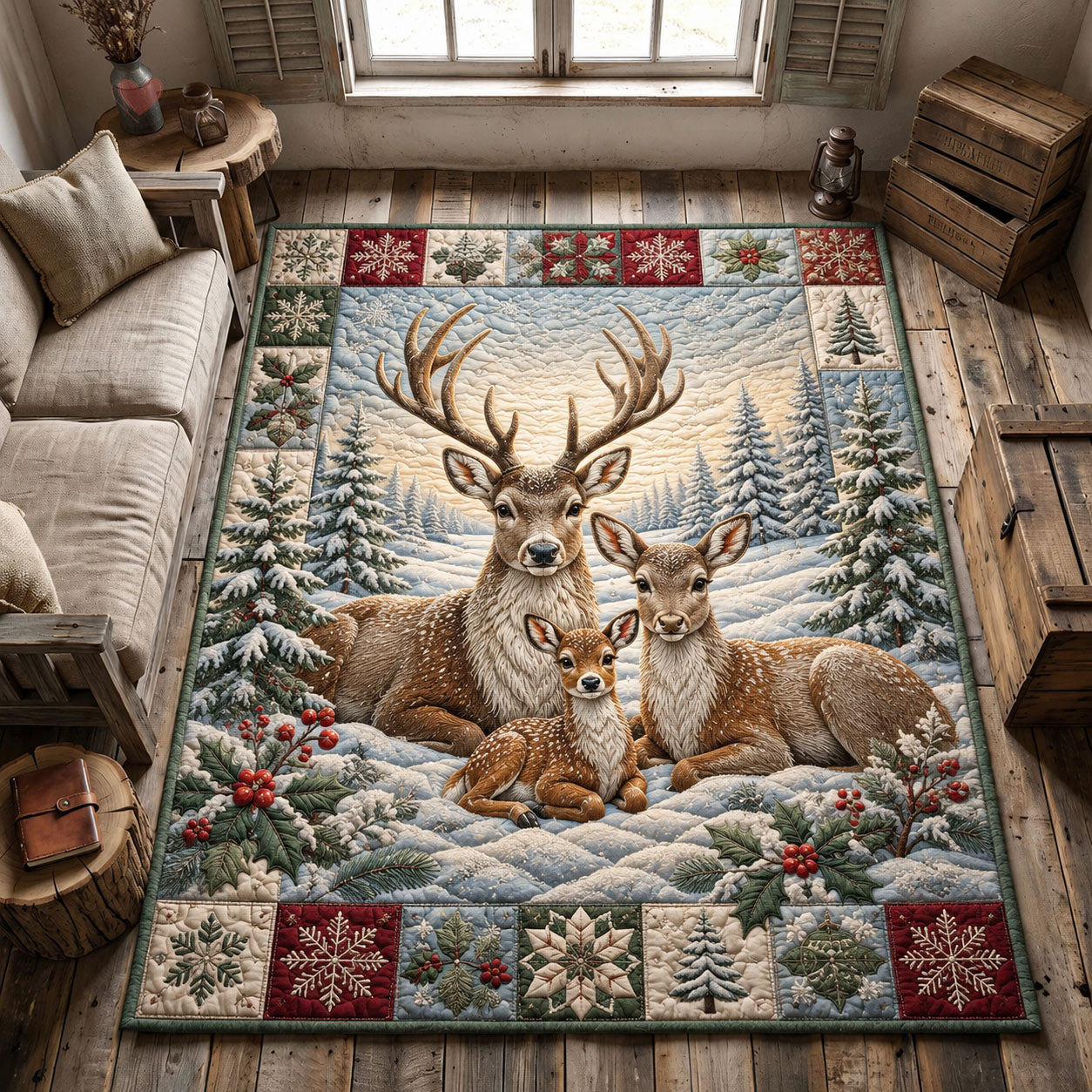 Snowy Pines Deer Pair Area Rug - Non-Slip Washable 3D Print Rug for Living Room & BedroomTVC210867
