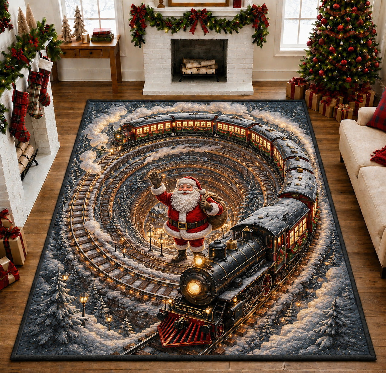 Spiral Christmas Train Area Rug - Non-Slip Washable 3D Print Rug for Living Room & BedroomTVC210862