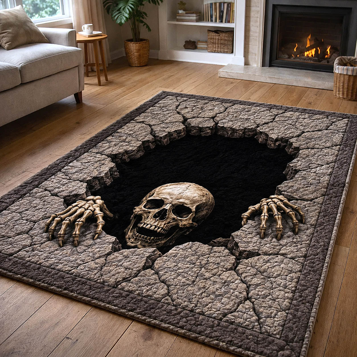 Spooky Bones Halloween Area Rug - Non-Slip Washable 3D Print Rug for Living Room & Bedroom (DesignTVC2108187