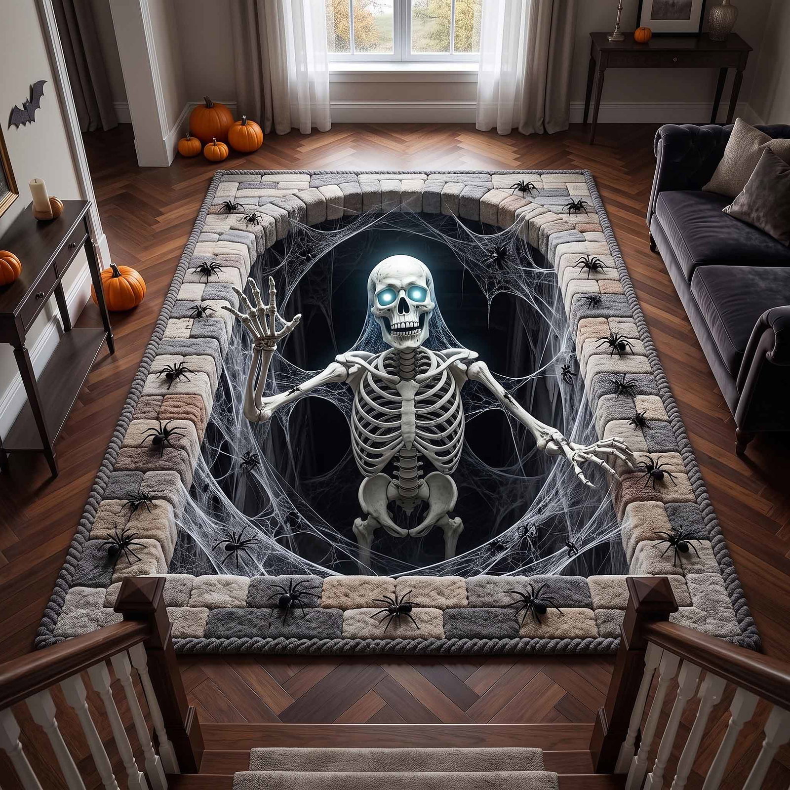 Spooky Skeleton Halloween Area Rug - Non-Slip Washable 3D Print Rug for Living Room & Bedroom (DesignTVC2108186