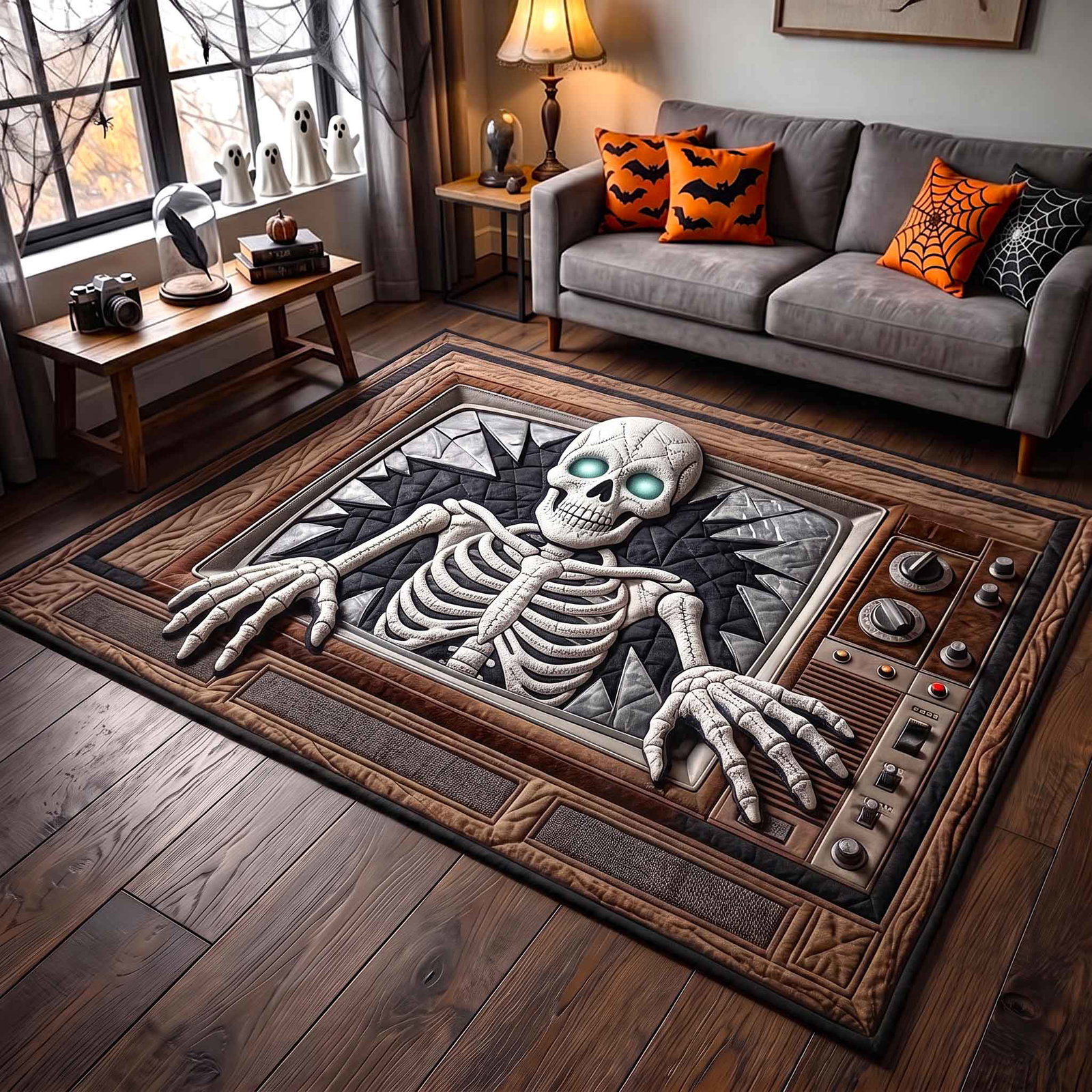 Spooky Skeleton Halloween Area Rug - Non-Slip Washable 3D Print Rug for Living Room & BedroomTVC2108154
