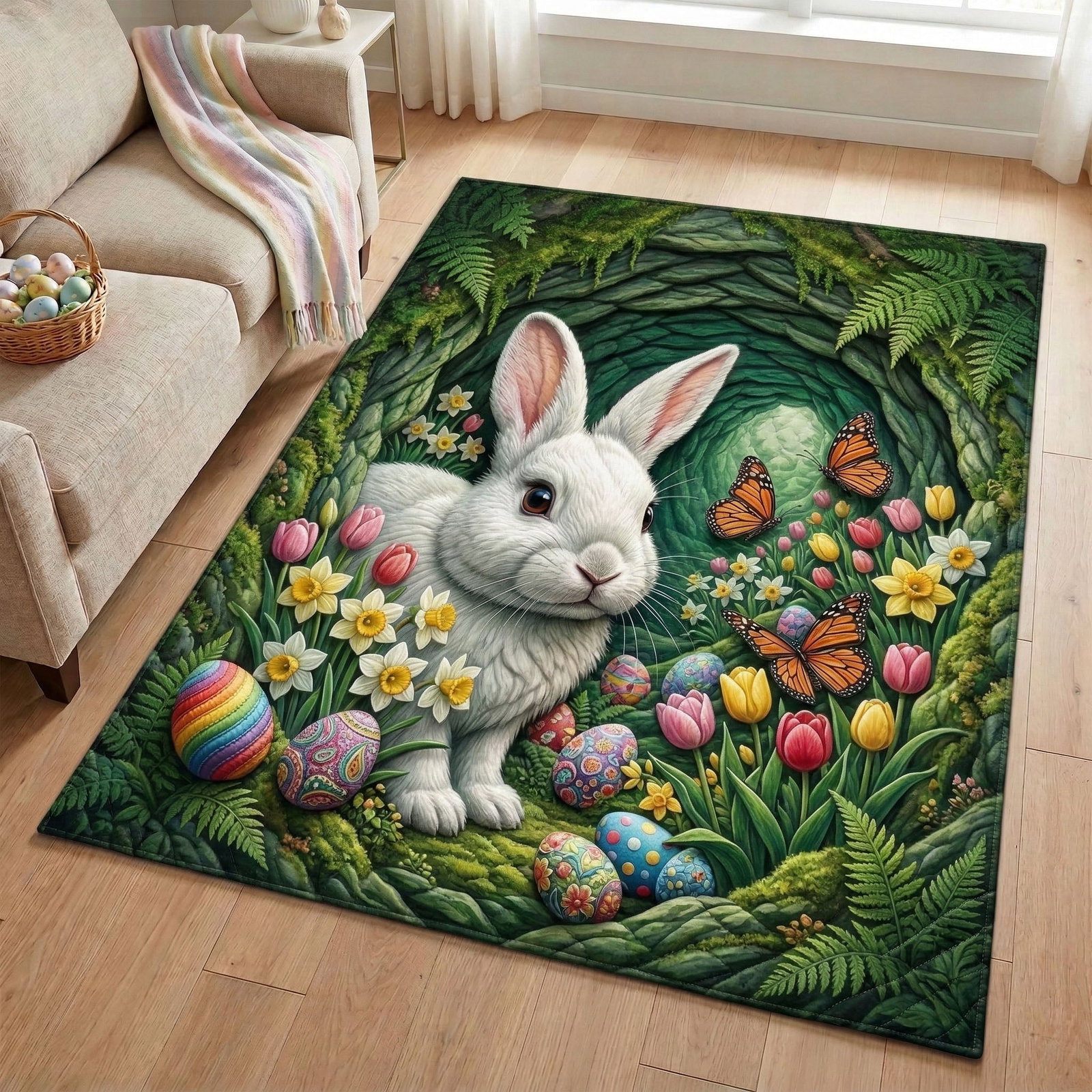 Spring Rabbit Area Rug - Non-Slip Washable 3D Print Rug for Living Room & BedroomTVC2108112