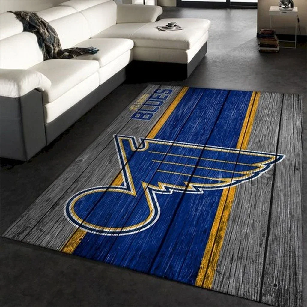 St. Louis Blues Rug - Wooden Style Logo for Living Room Blue and Gray
