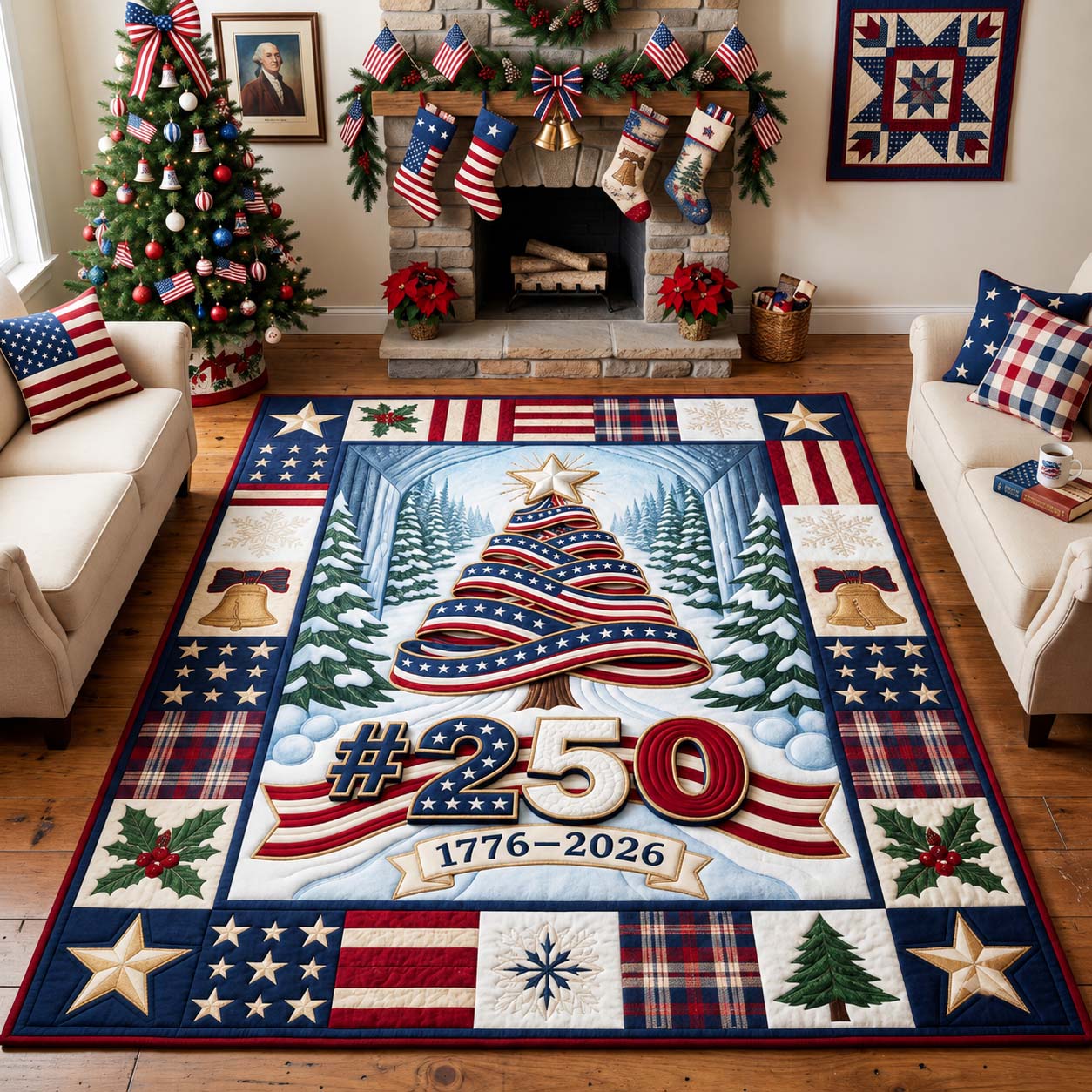 Stars Stripes Christmas Tree Area Rug - Non-Slip Washable 3D Print Rug for Living Room & BedroomTVC210869