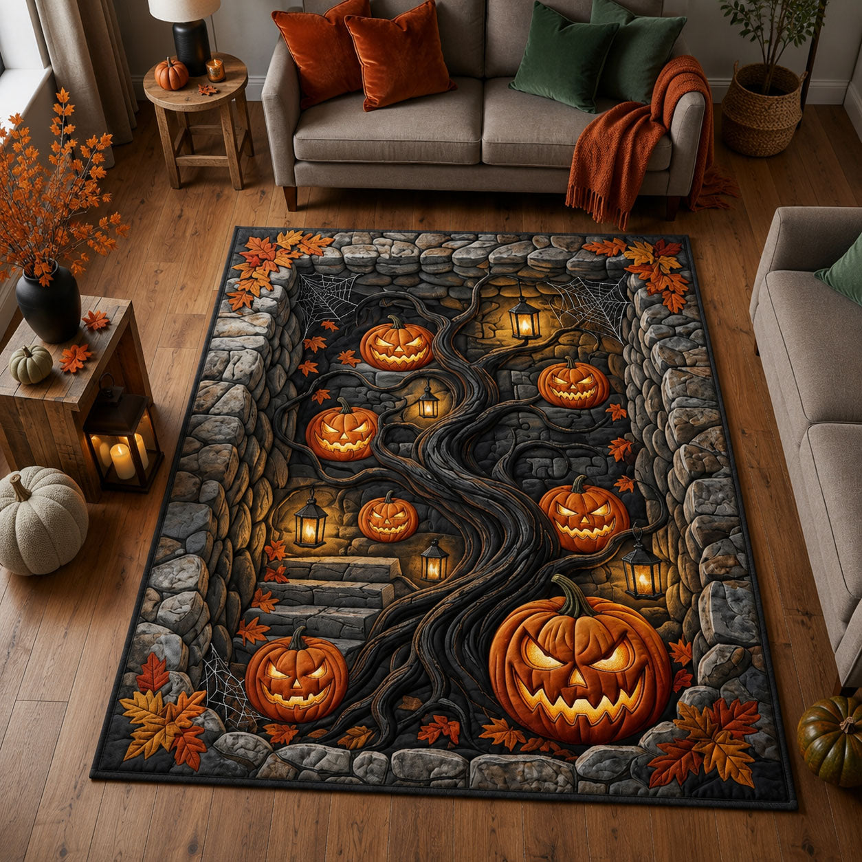 Stone Path Pumpkin Grove Area Rug - Non-Slip Washable 3D Print Rug for Living Room & BedroomTVC210857