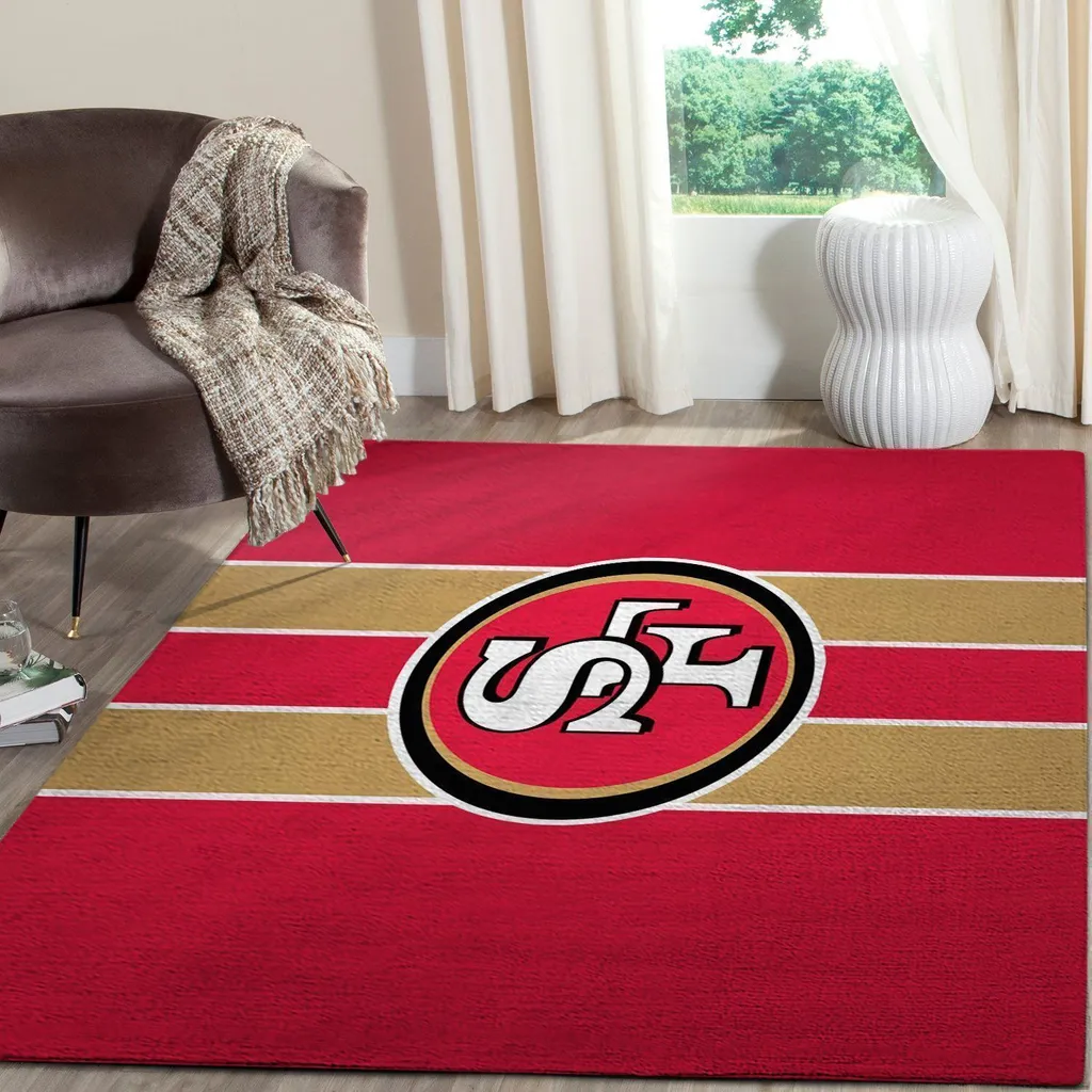 Striped Area Rug with Classic Sports Logo Design Beige and Red