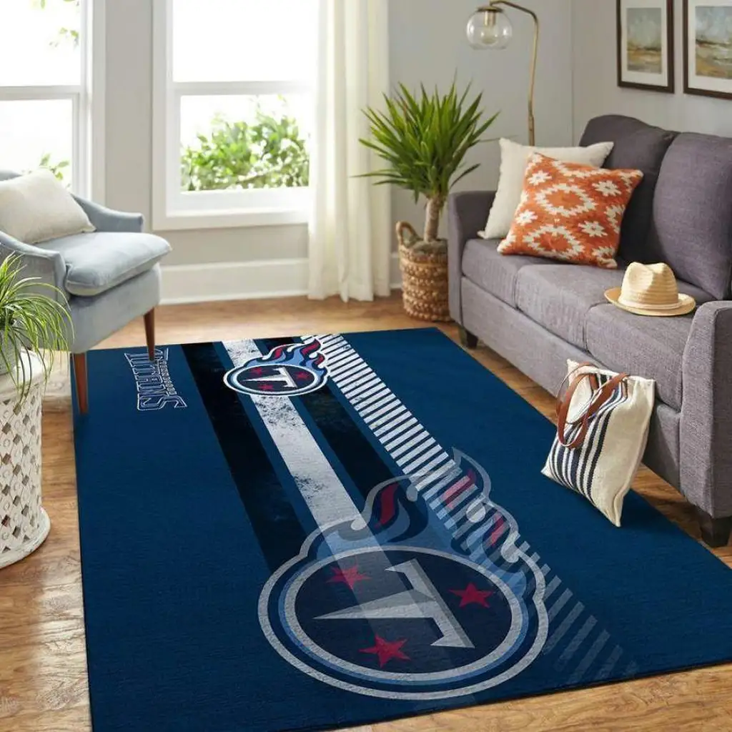Striped Area Rug with Custom Sports Team Logo Design Blue and White