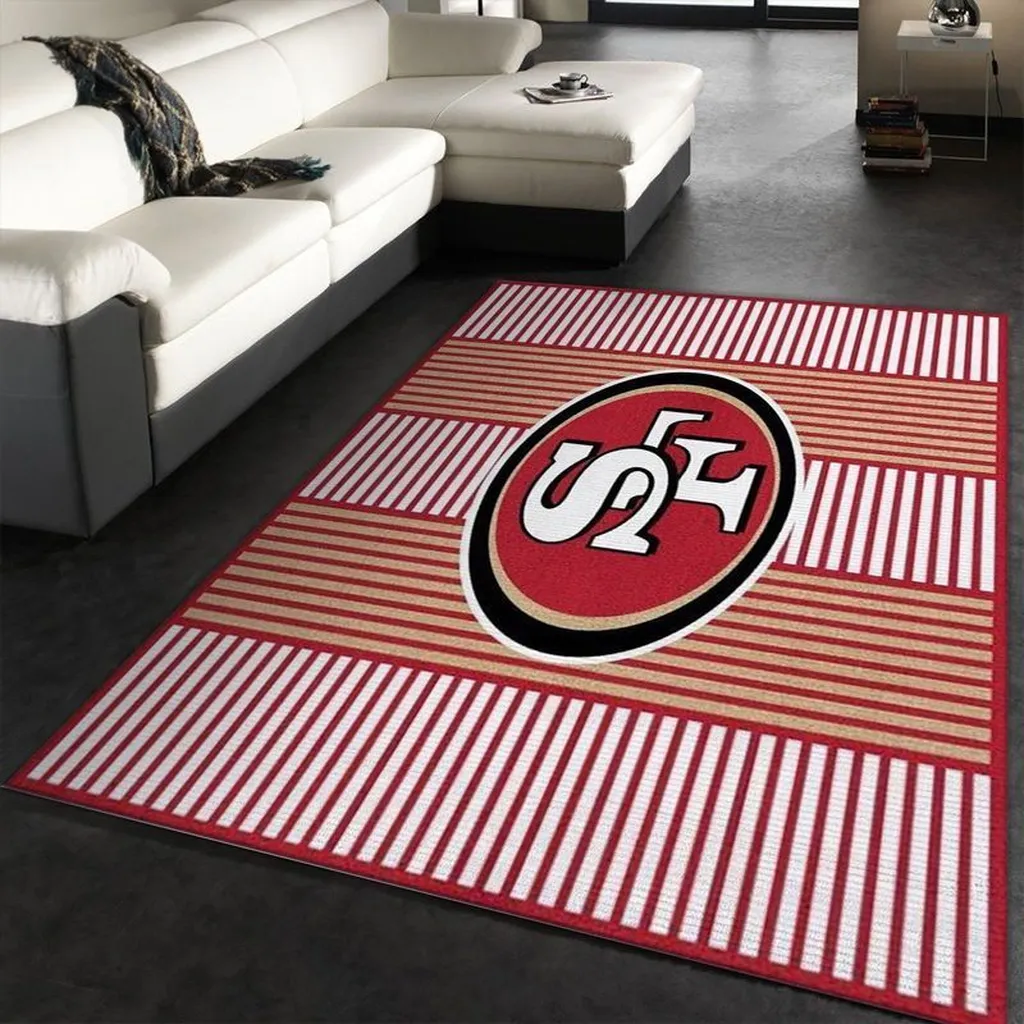 Striped Area Rug with Unique Central Emblem Design Red and White