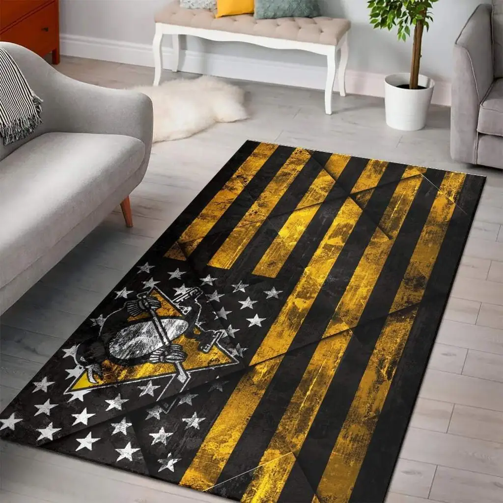 Striped Rug Featuring Distressed American Flag Design Black and Yellow