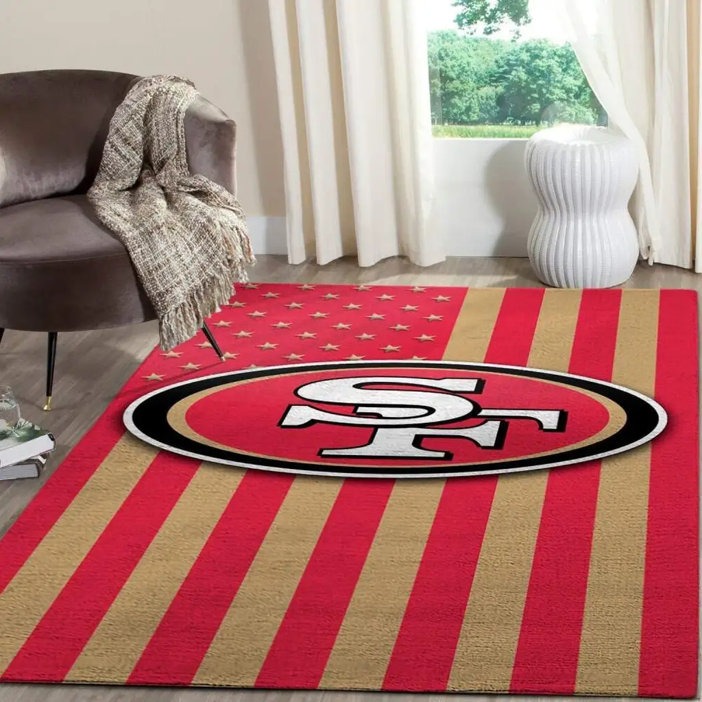 Striped Rug Featuring San Francisco Team Logo Design Beige and Red