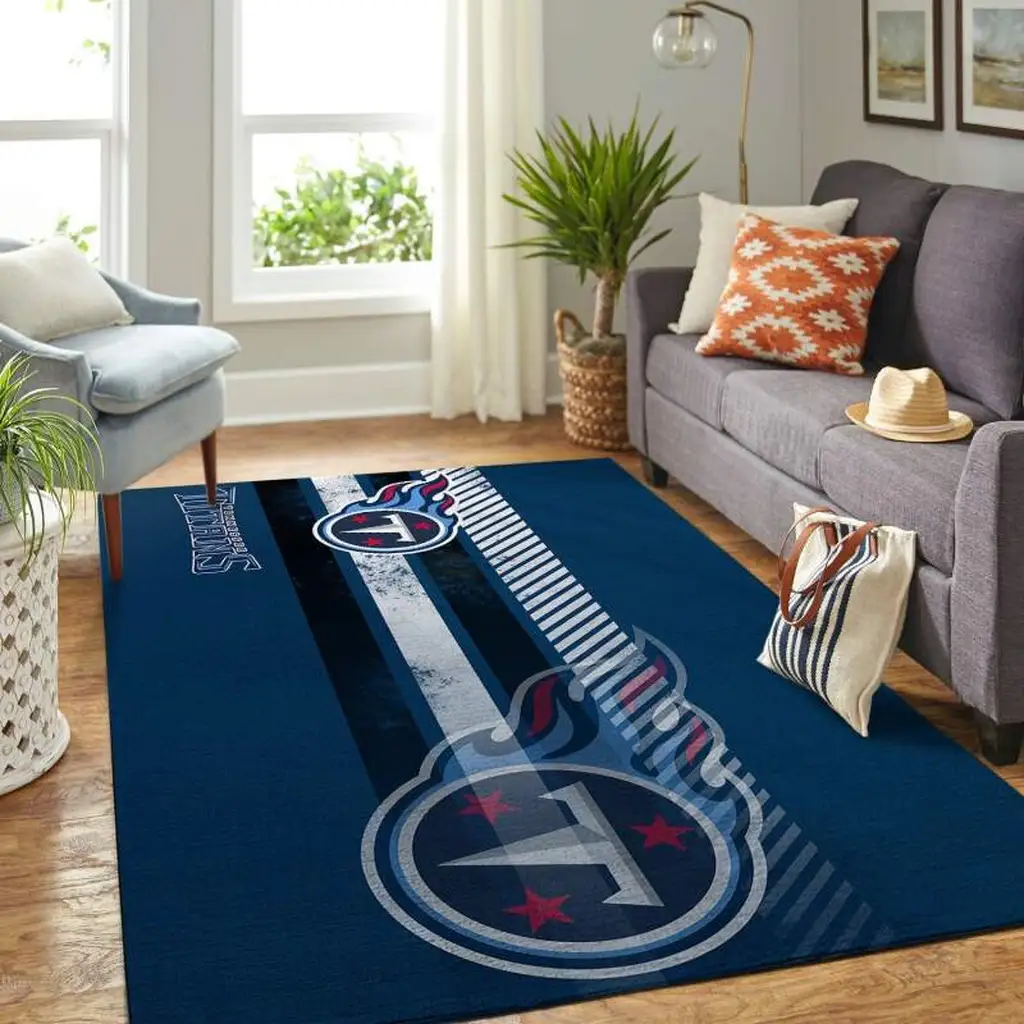 Striped Rug with Bold Sports Logo for Living Room Blue and White