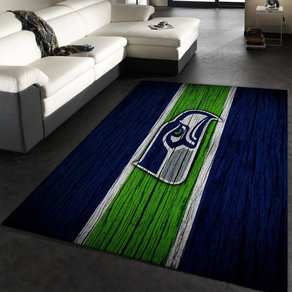 Striped Rug with Modern Sports Team Logo Design Blue and Green