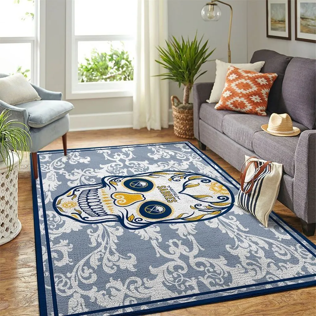 Sugar Skull Area Rug for Stylish Living Room Decor Blue and Yellow