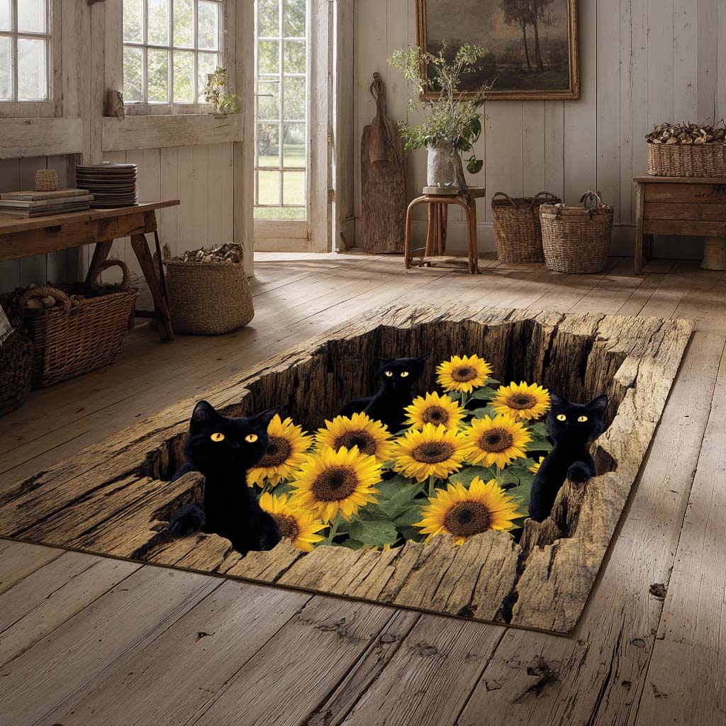 Sunflower Cat Hollow Area Rug - Non-Slip Washable 3D Print Rug for Living Room & BedroomTVC2108110