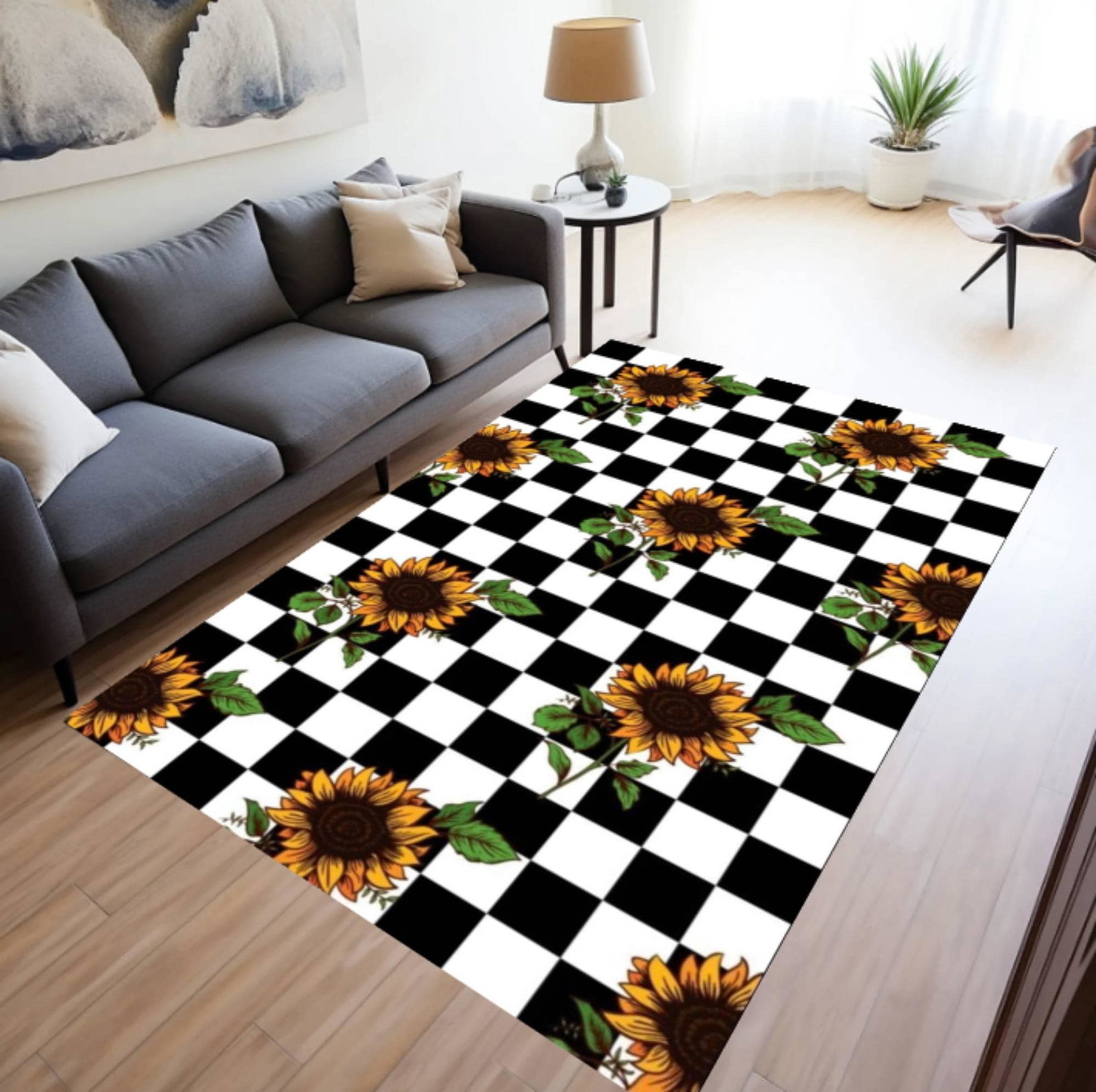 Sunflower Checkered Area Rug, Farmhouse Floral Floor DecorTVC1708387