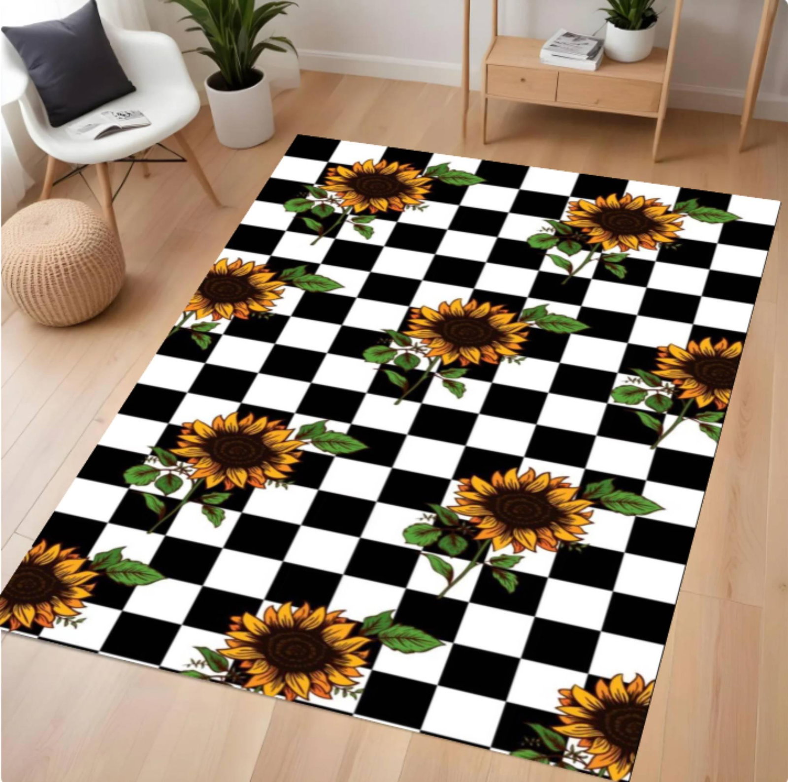Sunflower Checkered Rug - Black & White Checkerboard Farmhouse Floral RugTVC1708363