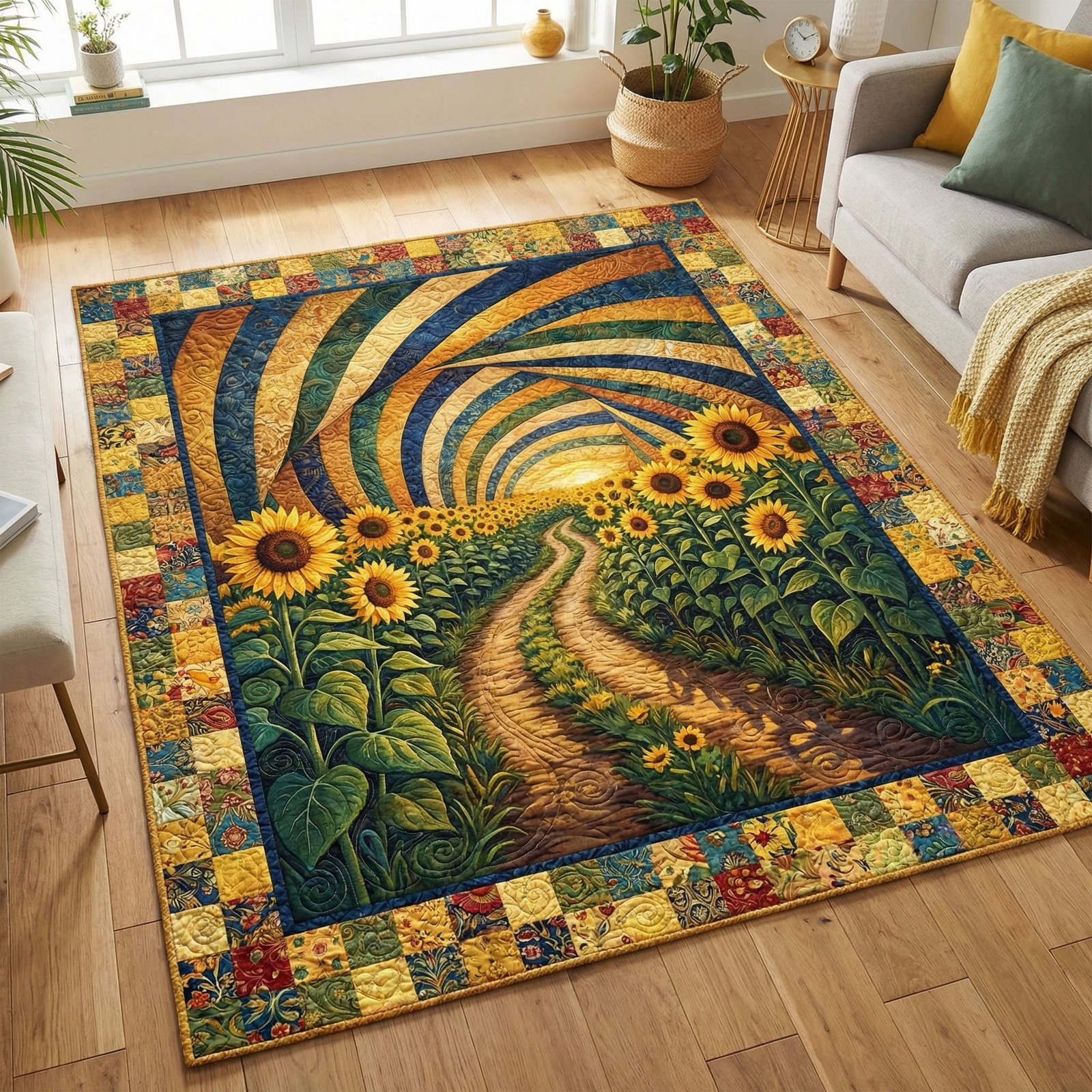 Sunflower Country Lane Area Rug - Non-Slip Washable 3D Print Rug for Living Room & BedroomTVC2108110