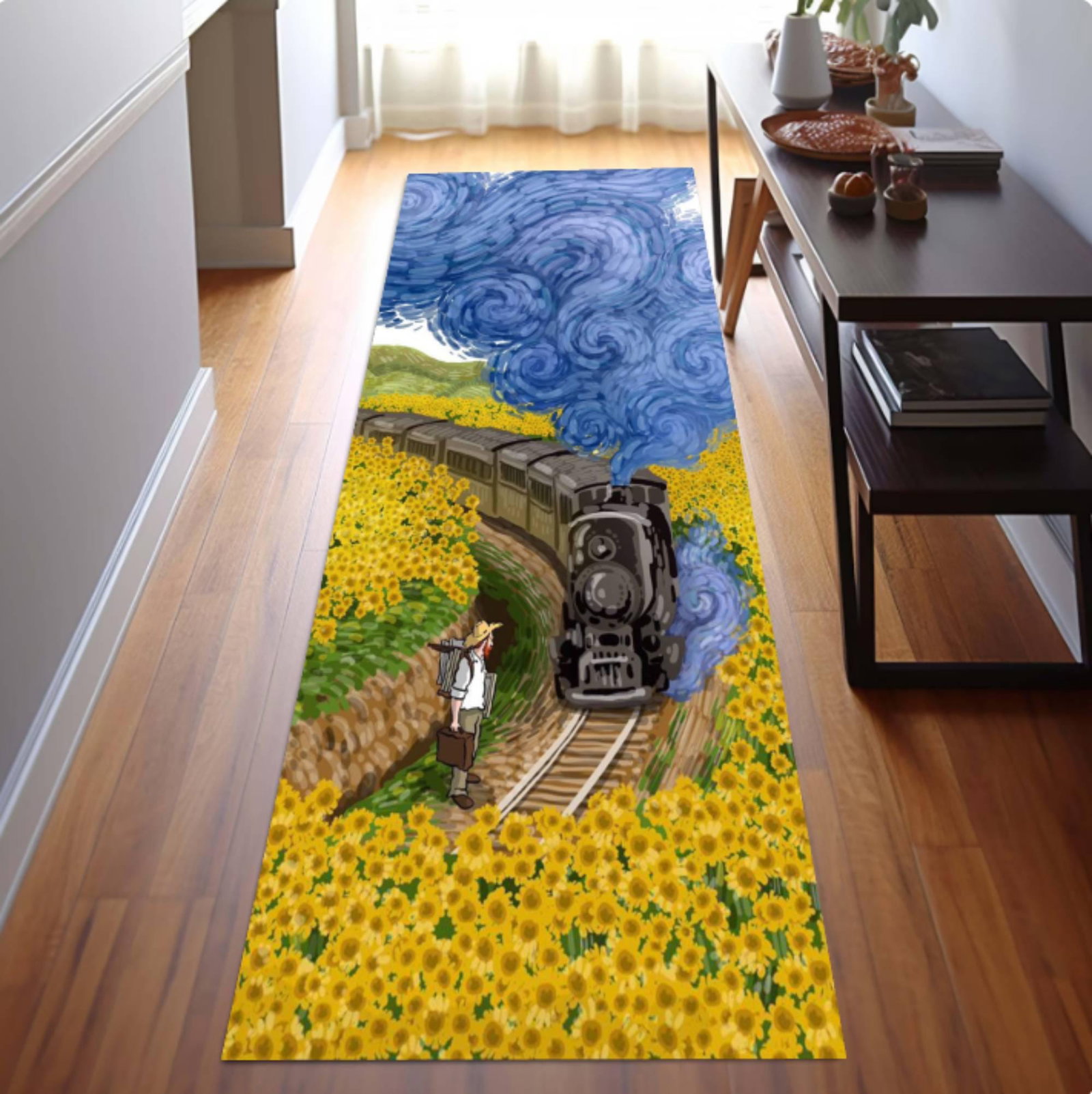 Sunflower Train Runner Rug, Vintage Style Landscape CarpetTVC1708397