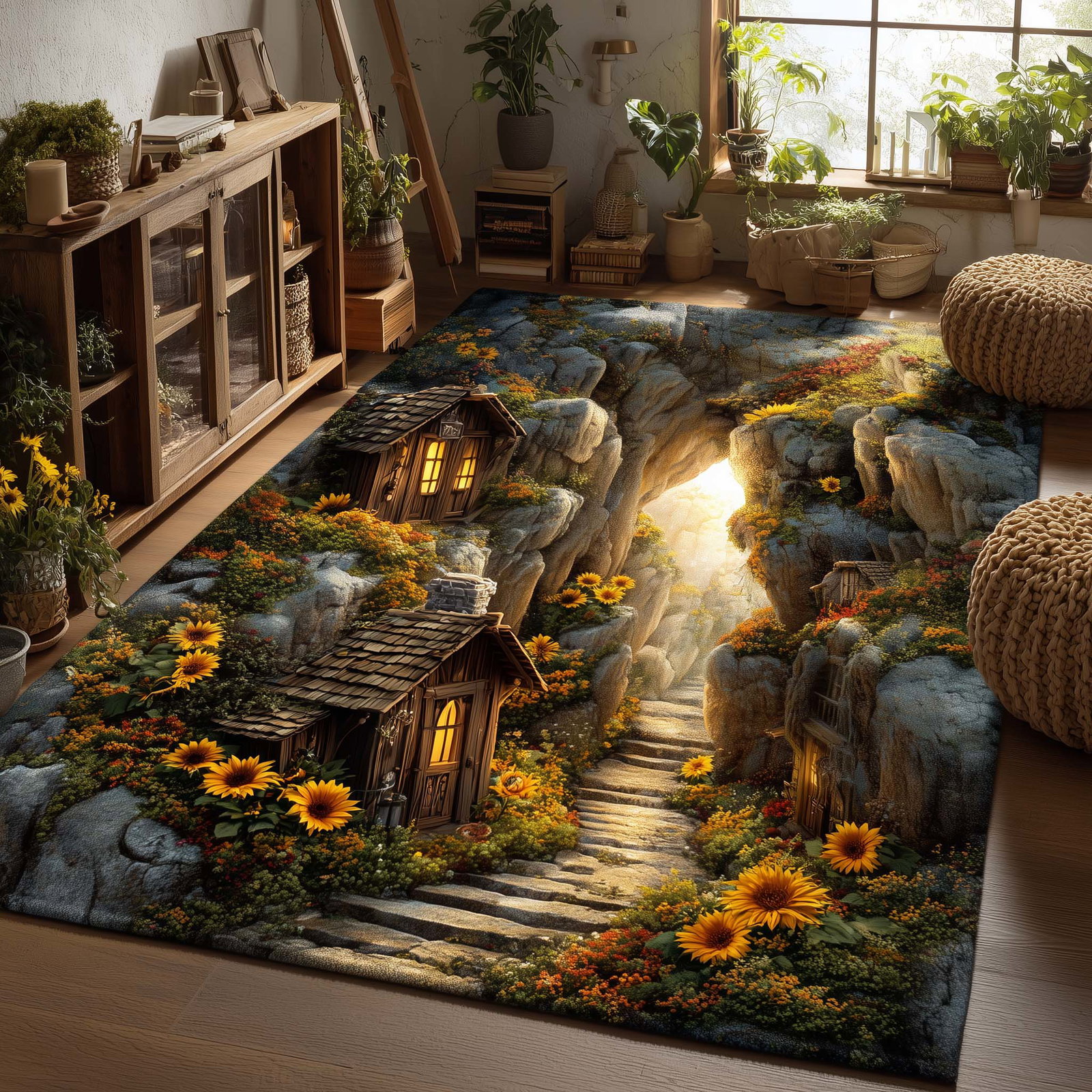 Sunflower Valley Area Rug - Non-Slip Washable 3D Print Rug for Living Room & Bedroom (DesignTVC2108186