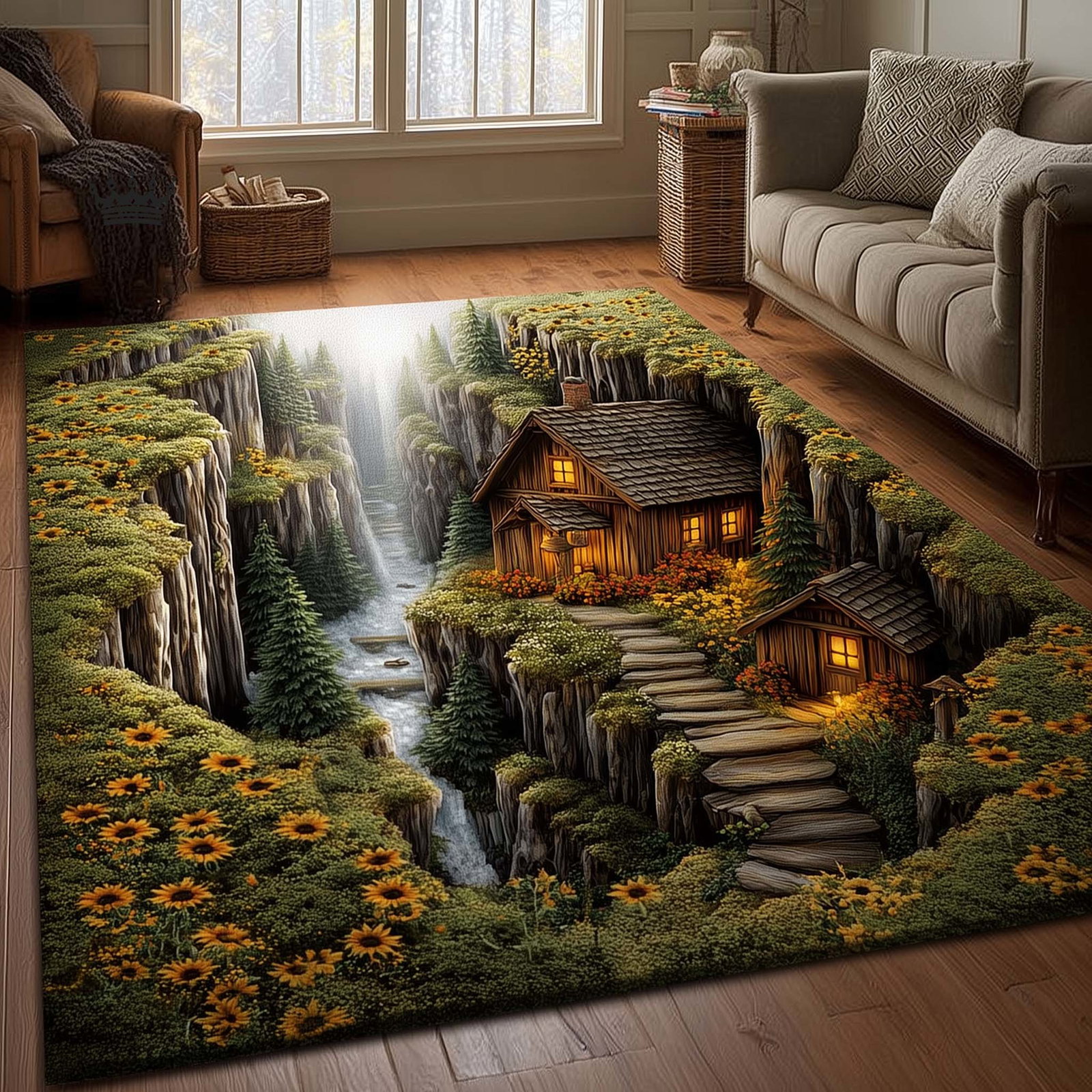 Sunflower Valley Area Rug - Non-Slip Washable 3D Print Rug for Living Room & BedroomTVC2108154