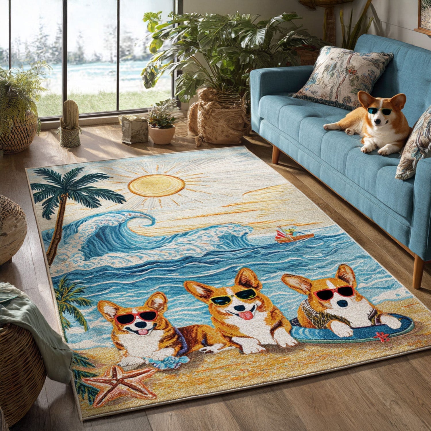 Sunny Day Corgi Area Rug - Non-Slip Washable 3D Print Rug for Living Room & BedroomTVC2108109