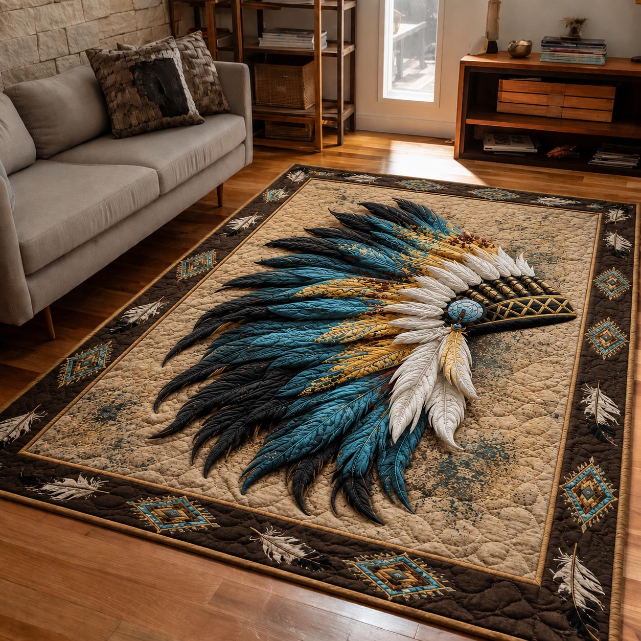 Teal Plume War Bonnet Area Rug - Non-Slip Washable 3D Print Rug for Living Room & BedroomTVC210859