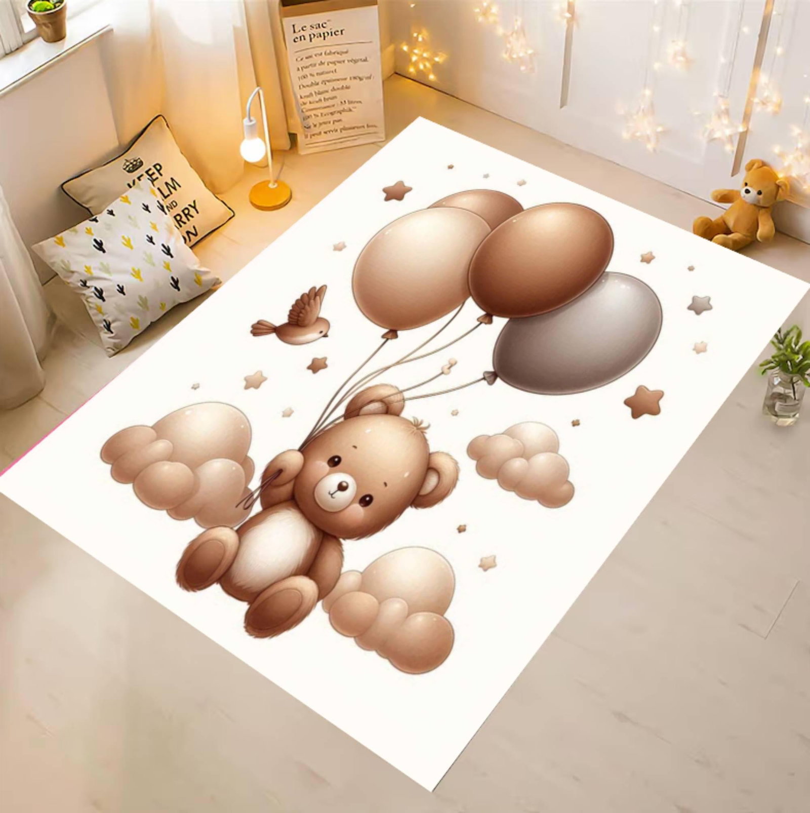 Teddy Bear Balloons Nursery Rug, Neutral Baby Room Decor Carpet (Washable)TVC1708395