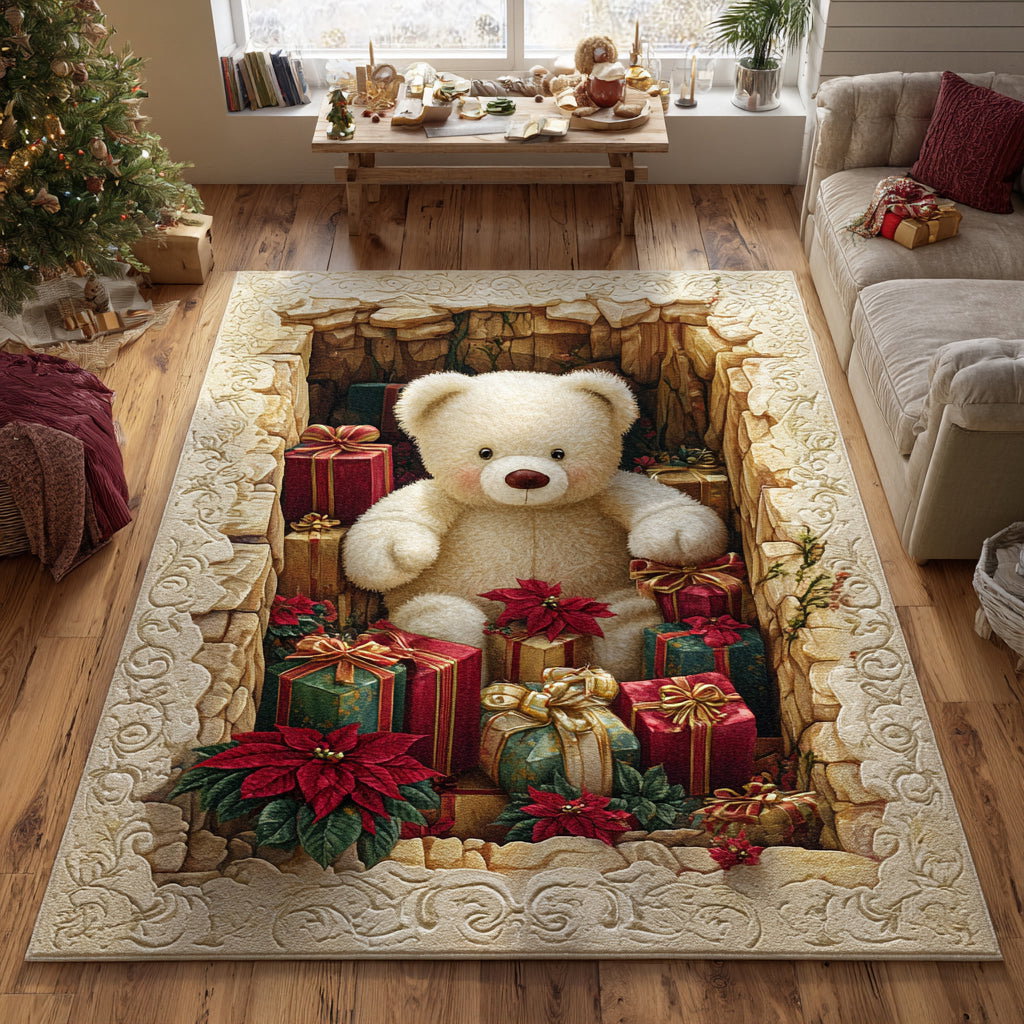 Teddy Holiday Haven Christmas Area Rug - Non-Slip Washable 3D Print Rug for Living Room & BedroomTVC2108104