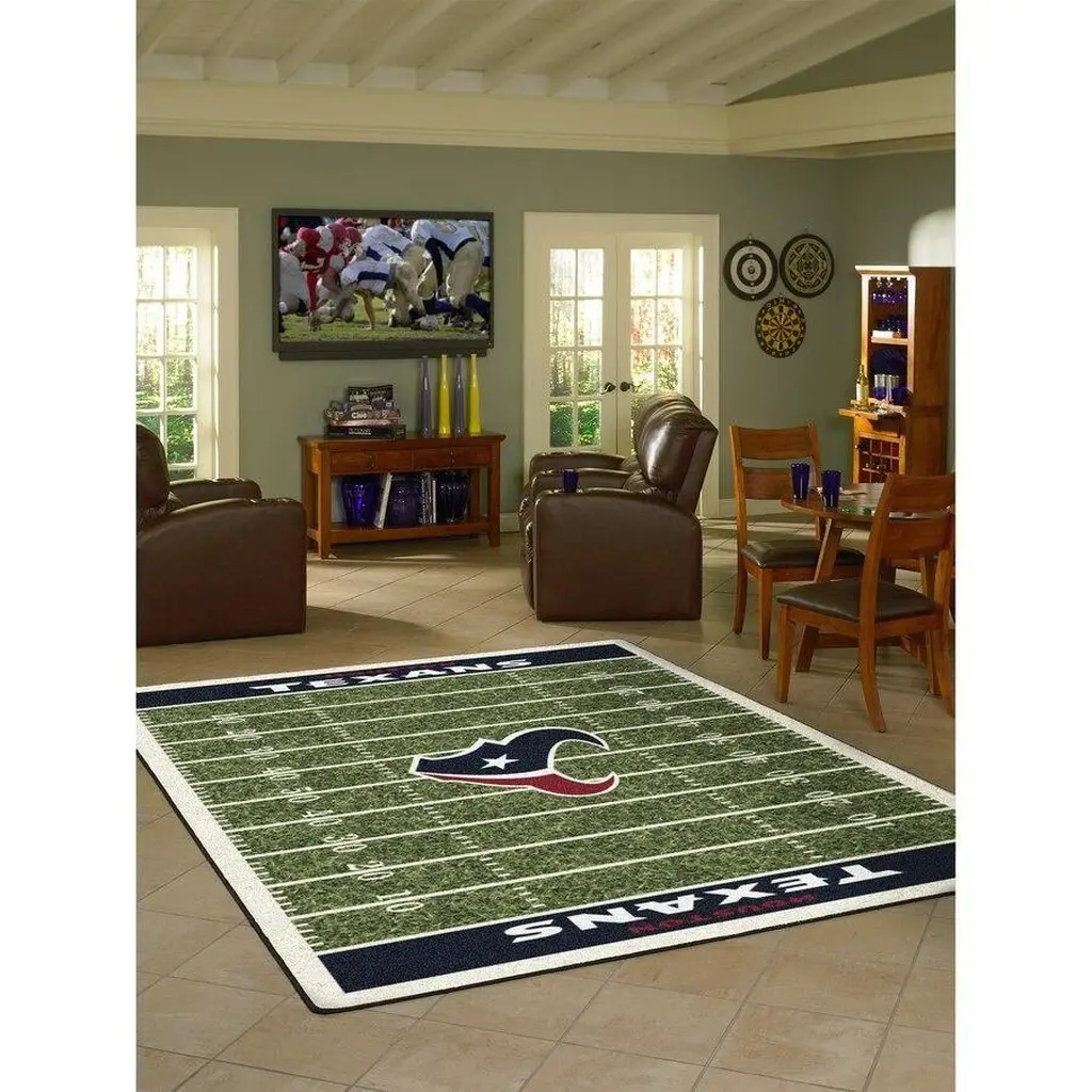 Texans Football Field Rug for Game Room Decor Blue and Yellow