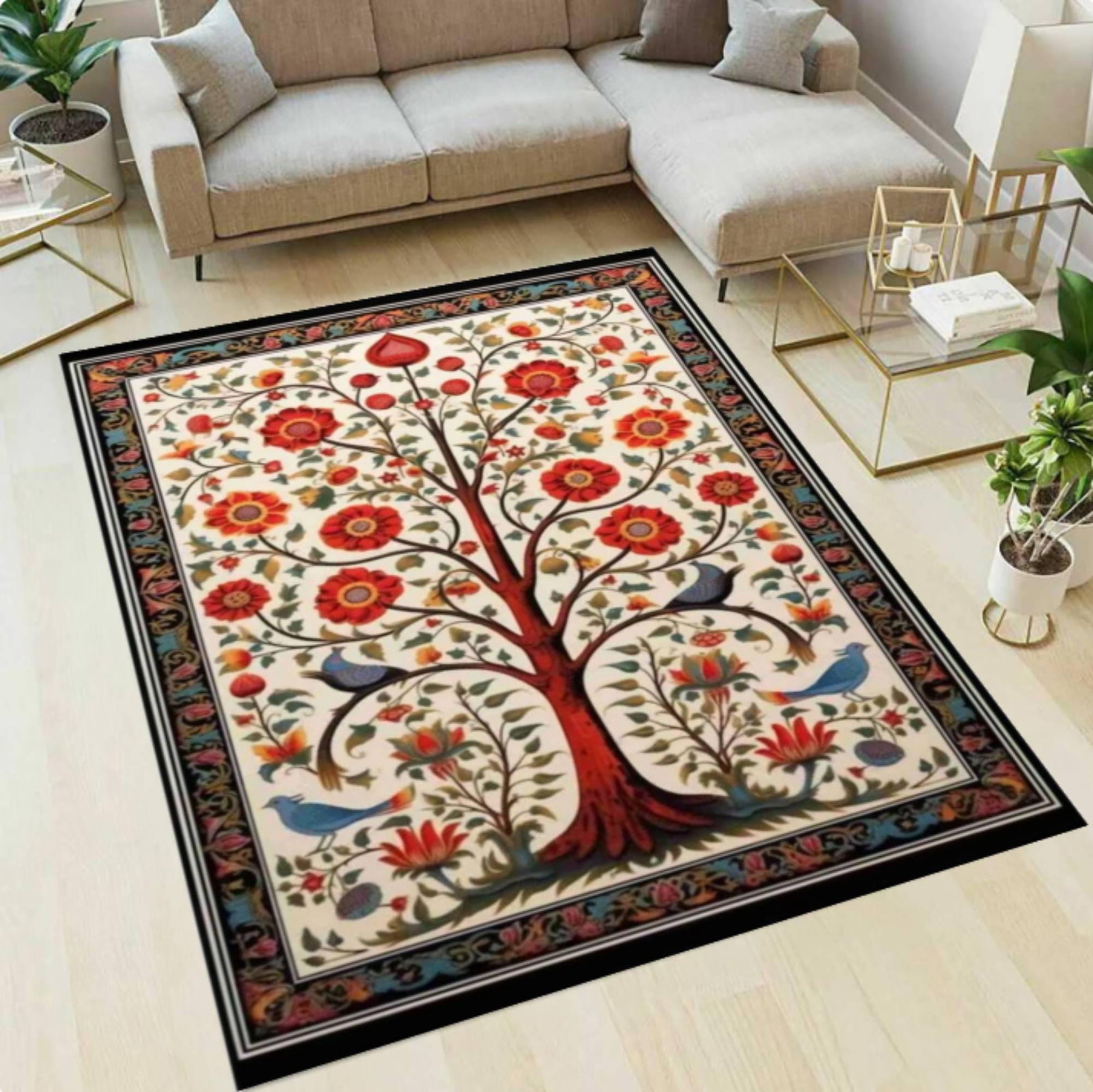 Tree of Life Rug, Floral Folk Art Living Room CarpetTVC1708396