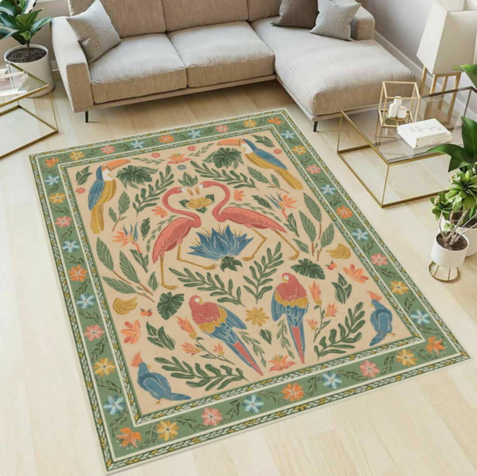 Tropical Flamingo Area Rug, Vintage Botanical Bird Jungle DecorTVC1708394