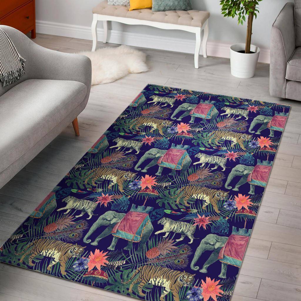 Tropical Palm Leave Peacock Tiger Elephant Area Rug