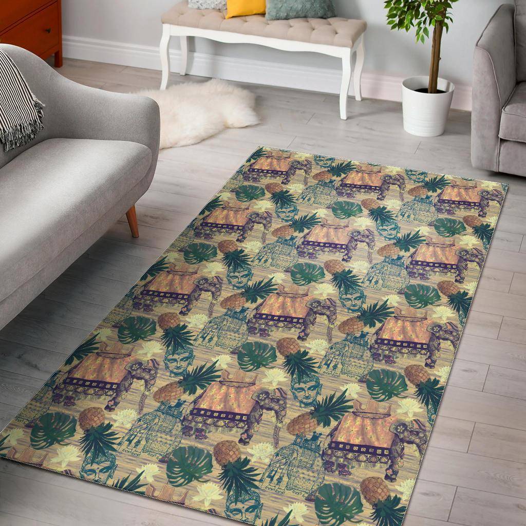 Tropical Pineapple Buddha Elephant Print Area Rug