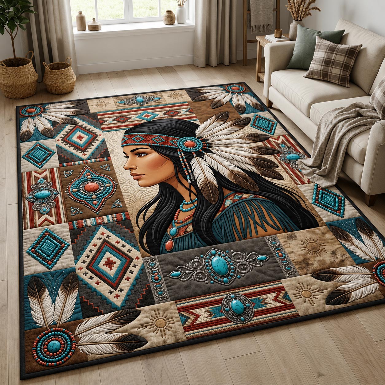 Turquoise Feather Maiden Area Rug - Non-Slip Washable 3D Print Rug for Living Room & BedroomTVC210863
