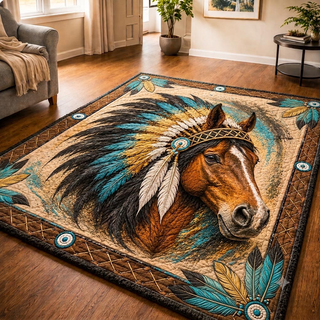 Turquoise Feather War Horse Area Rug - Non-Slip Washable 3D Print Rug for Living Room & BedroomTVC210859