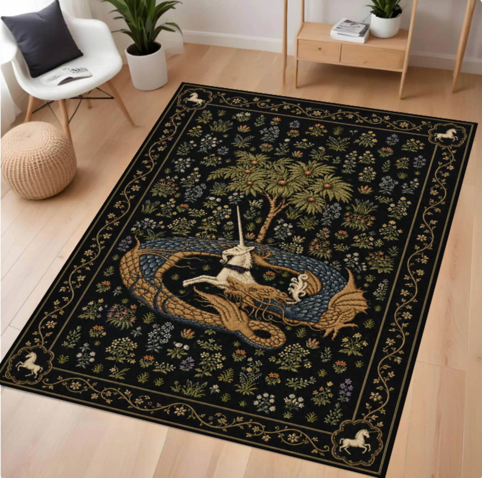 Unicorn Dragon Fantasy Rug Gothic Medieval Rug in Tapijtstijl DarkTVC1708375